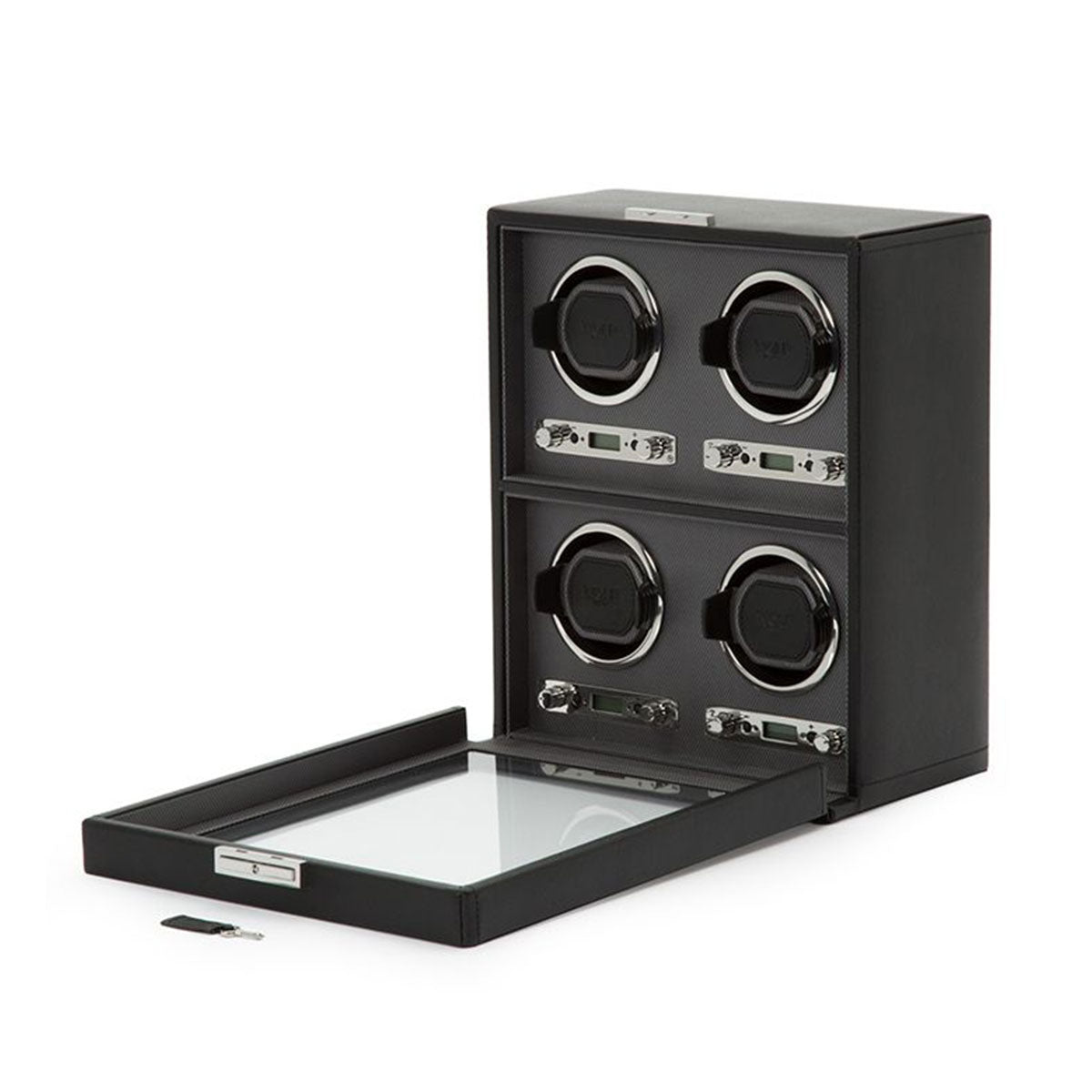 A WOLF 1834 Viceroy Black Watch Winder is displayed open, showcasing its four circular slots. It has a transparent lid and comes with a small key placed on the surface in front, representing a modern classic design.