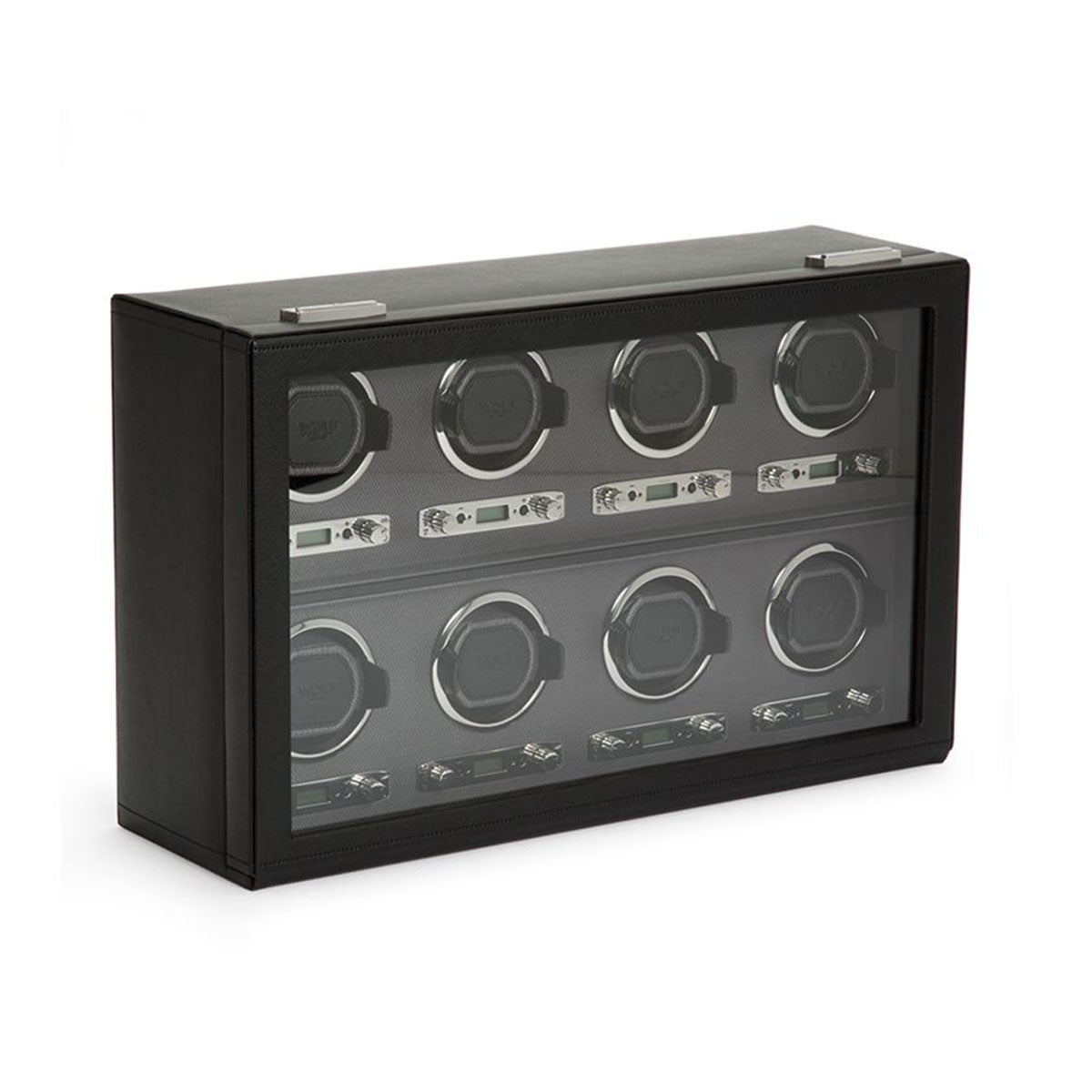 The WOLF 1834 Viceroy Black 8 PCS Watch Winder, designed by WOLF, is a masterpiece of timeless elegance with its black leather finish and glass front. It showcases a modern and sleek design with space for eight watches and includes a discreet lock at the top.