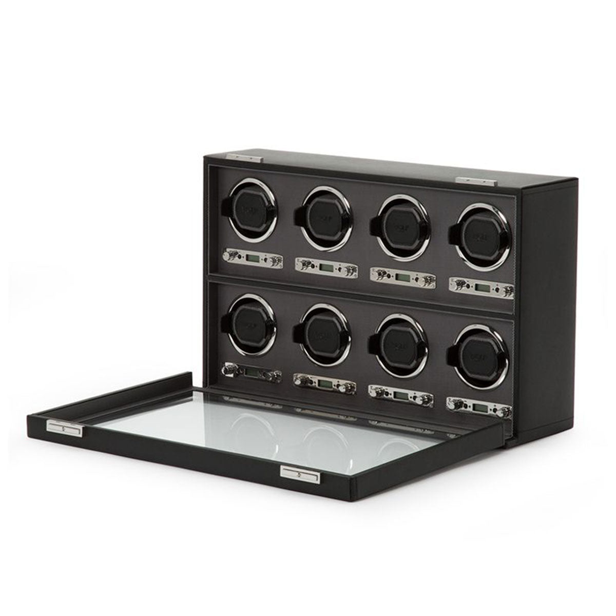 The WOLF 1834 Viceroy Black 8 PCS Watch Winder, featuring a clear glass lid, is designed to hold eight watches. When open, it reveals four winders arranged in two rows. Each compartment guarantees timeless elegance and precise accuracy while securing and winding your cherished timepieces.