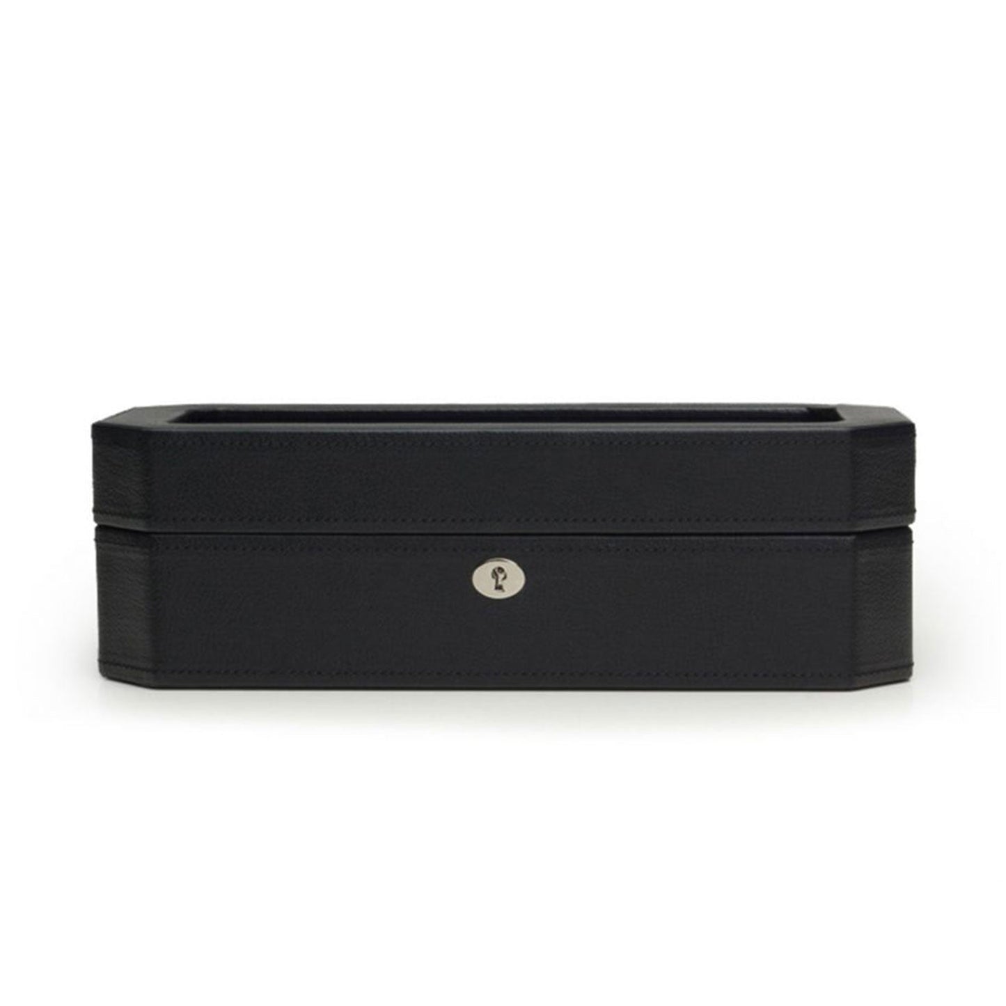 The WOLF 1834 Windsor 5 Piece Watch Box is a sleek black rectangular jewelry box made from vegan leather. It boasts a subtle texture and a small metal keyhole on the front. Ideal for storing watches, it presents an elegant and secure storage solution against a plain white background.