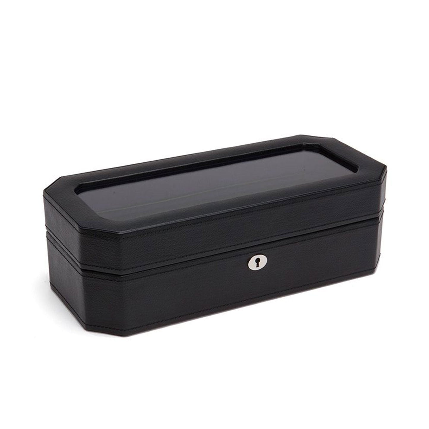 Introducing the WOLF 1834 Windsor 5 Piece Watch Box, an elegant black rectangular case designed for displaying and securely storing your cherished timepieces. Crafted from high-quality vegan leather, it features a glass top and a front lock for added security.