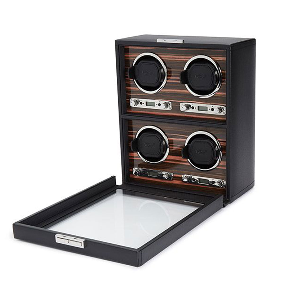 The WOLF 1834 Roadster 4 Piece Winder by WOLF is displayed open, revealing four individual slots with circular holders and control knobs. The interior features a striped Ebony Macassar wood finish, with each slot designed to accommodate one Roadster watch.