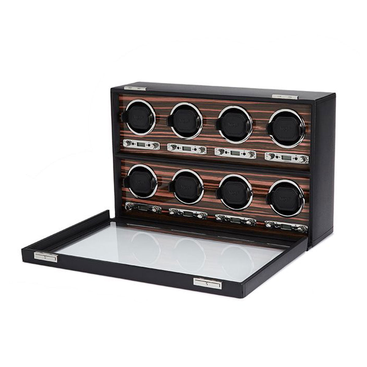 The WOLF 1834 Roadster 8 Piece Winder by WOLF features an elegant open design with a glass lid, offering space for eight watches. Its interior showcases horizontal striped ebony macassar wood and individual rotary holders, each with a bi-directional setting to ensure the optimal care of your timepieces.