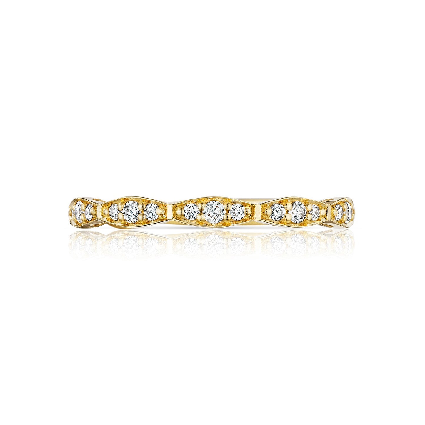 The Tacori Sculpted Crescent Marquise Design 18K Yellow Gold Round Brilliant Diamond Anniversary Ring features a slender band adorned with a pattern of marquise shapes, each set with a small diamond, creating a delicate and elegant design. The ring's Sculpted Crescent motif is beautifully showcased against a white background.
