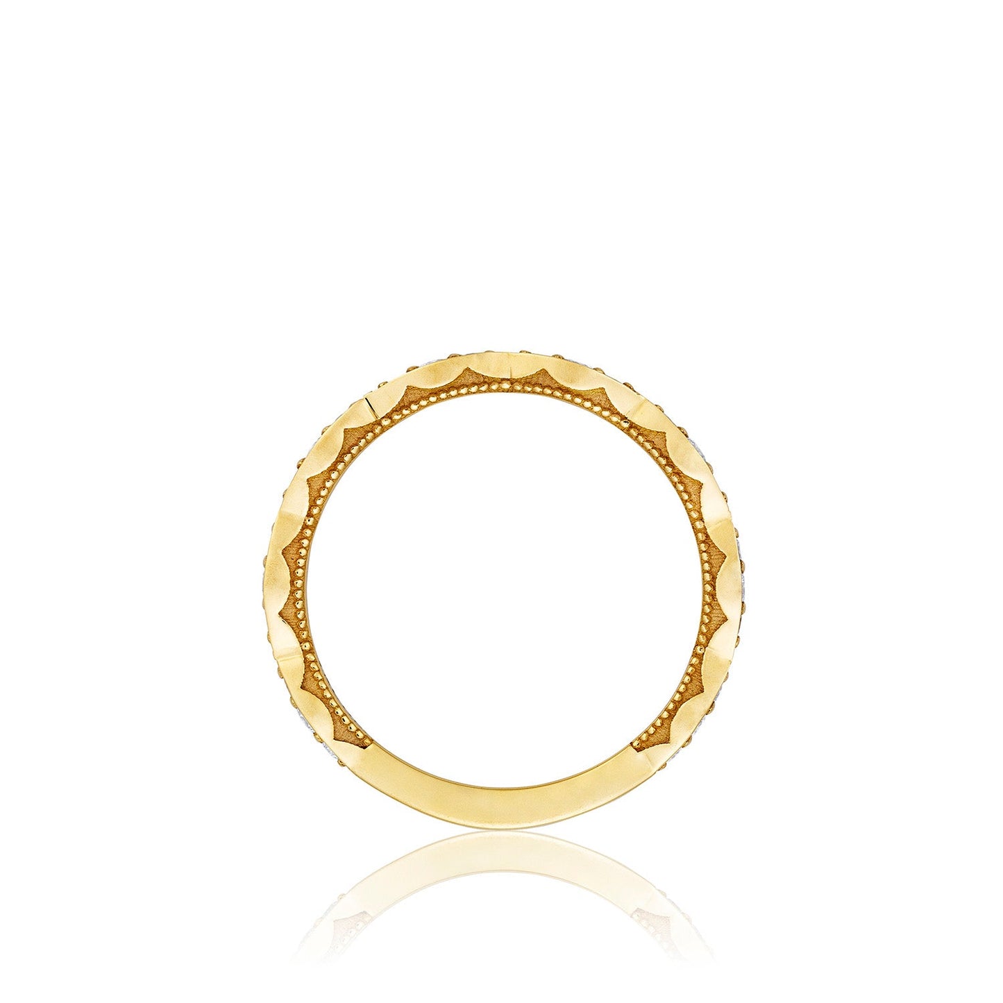 Tacori's Sculpted Crescent Marquise Design 18K Yellow Gold Ring showcases a circular band with scalloped edges and marquise shapes, adorned with a delicate dotted pattern that beautifully reflects light against a white background.