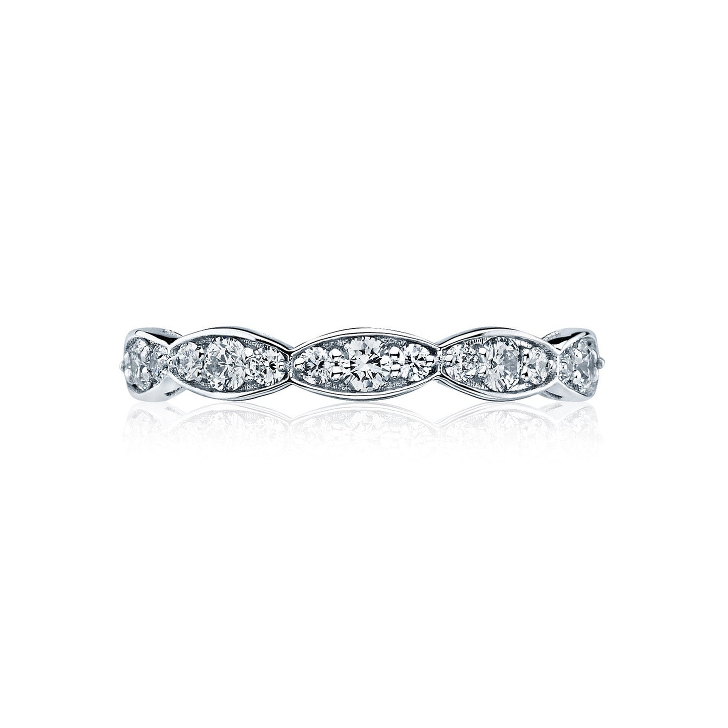 The Tacori Sculpted Crescent Marquise Design 18K White Gold Round Brilliant Diamond Eternity Ring features a series of marquise-shaped sections filled with small, sparkling round-brilliant diamonds arranged in a continuous pattern, masterfully crafted by Tacori gemologists to reflect light elegantly against a white background.