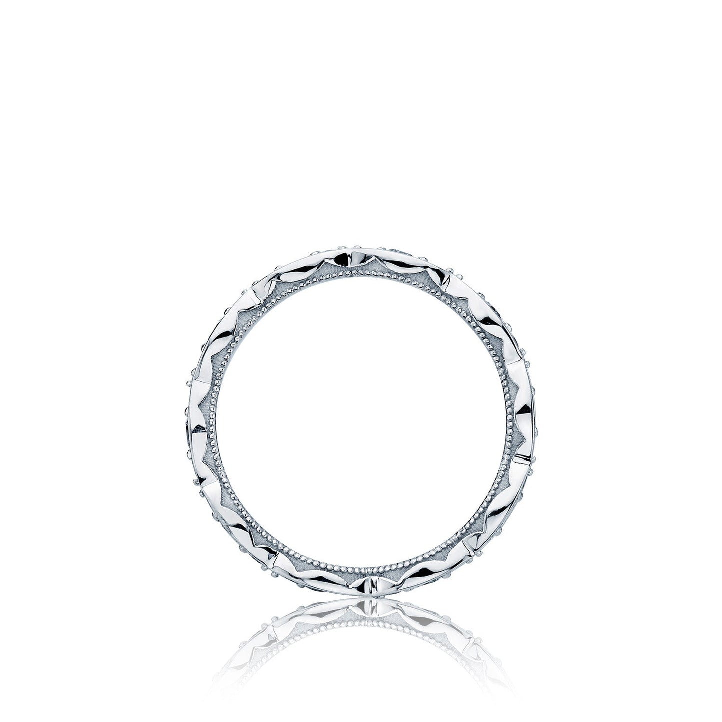 A Tacori Sculpted Crescent Marquise Design 18K White Gold Round Brilliant Diamond Eternity Ring is showcased against a plain white background, casting a subtle shadow below, reminiscent of the craftsmanship cherished by TACORI gemologists.