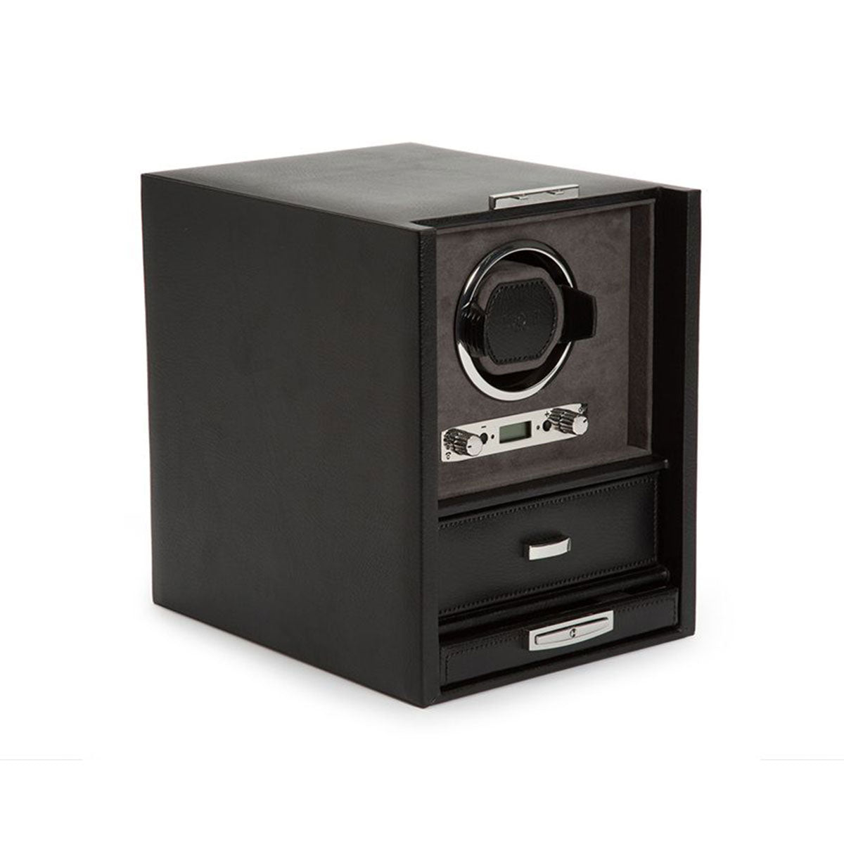 The WOLF 1834 Blake Single Watch Winder with Storage showcases a sophisticated design featuring a black square shape, complete with a circular slot for the watch, a digital display offering various rotation options, two control knobs for adjusting directional settings, and two pull-out drawers. All of these elements are elegantly highlighted against a white background.