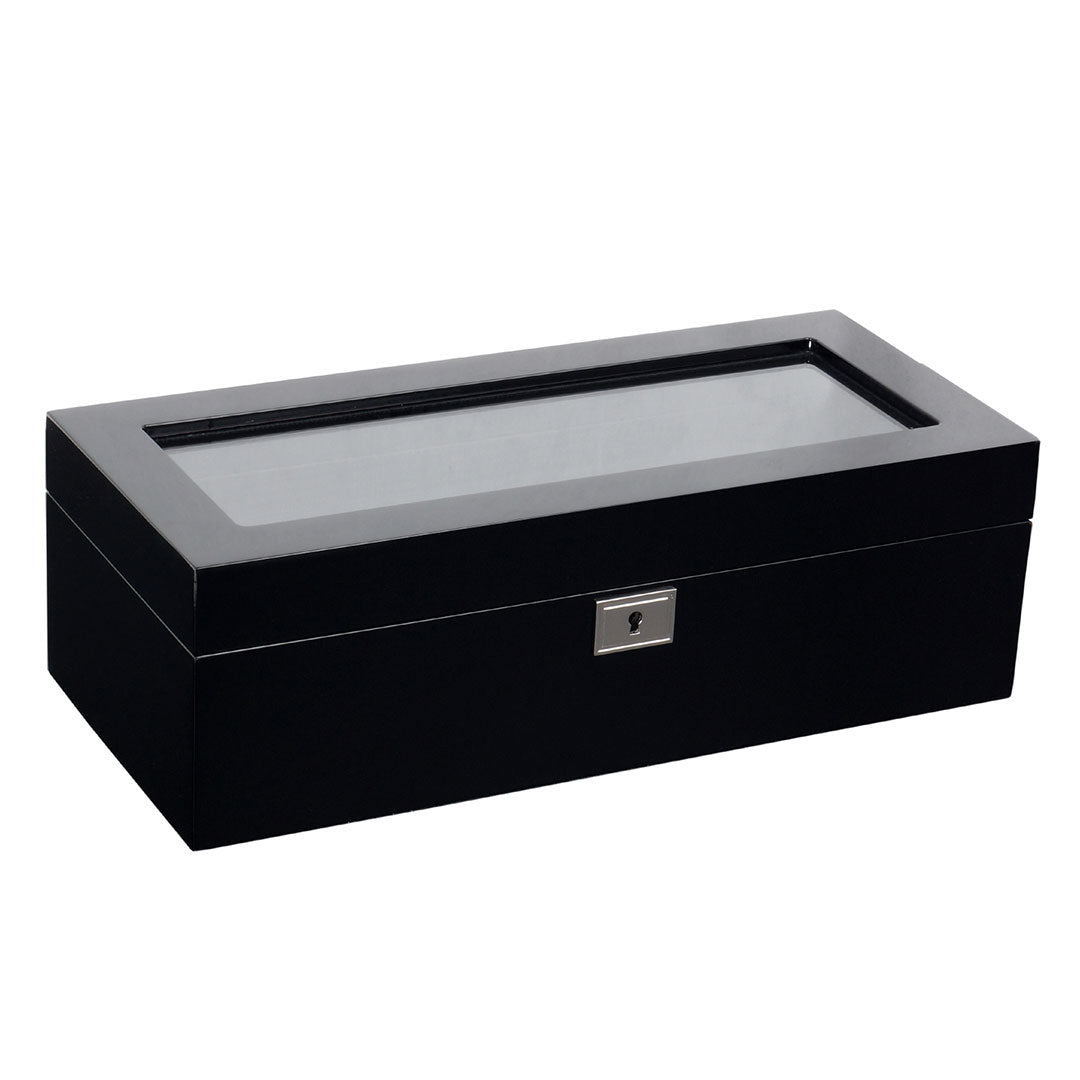 The WOLF 1834 Savoy 5 Piece Watch Box by WOLF boasts a sophisticated piano black finish, complete with a locking glass cover and an elegant silver lock on the front.