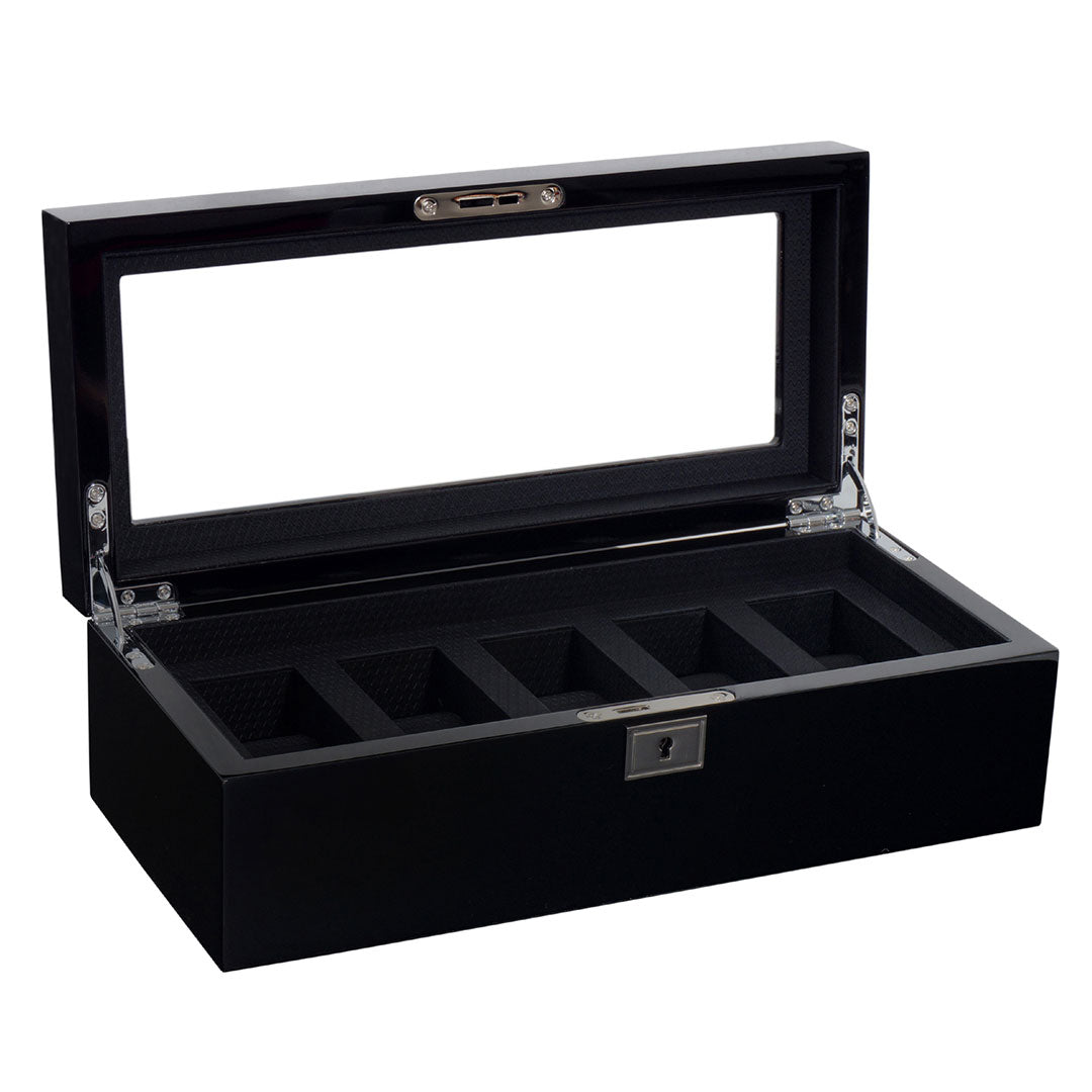 The WOLF 1834 Savoy 5 Piece Watch Box is a sophisticated storage solution with its piano black finish and transparent glass lid, which beautifully showcases five compartments lined with a plush dark fabric. This elegant case is further adorned by a metallic locking glass cover on the front, ensuring your timepieces are stored securely and stylishly.