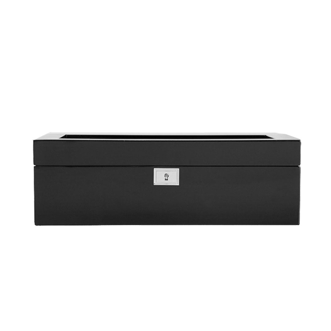 Introducing the WOLF 1834 Savoy 5 Piece Watch Box by WOLF, a sophisticated watch storage solution with a minimalistic and modern design. It features a sleek piano black case, complete with a hinged lid and locking glass cover, as well as a small metal lock in the center to securely hold your timepieces.