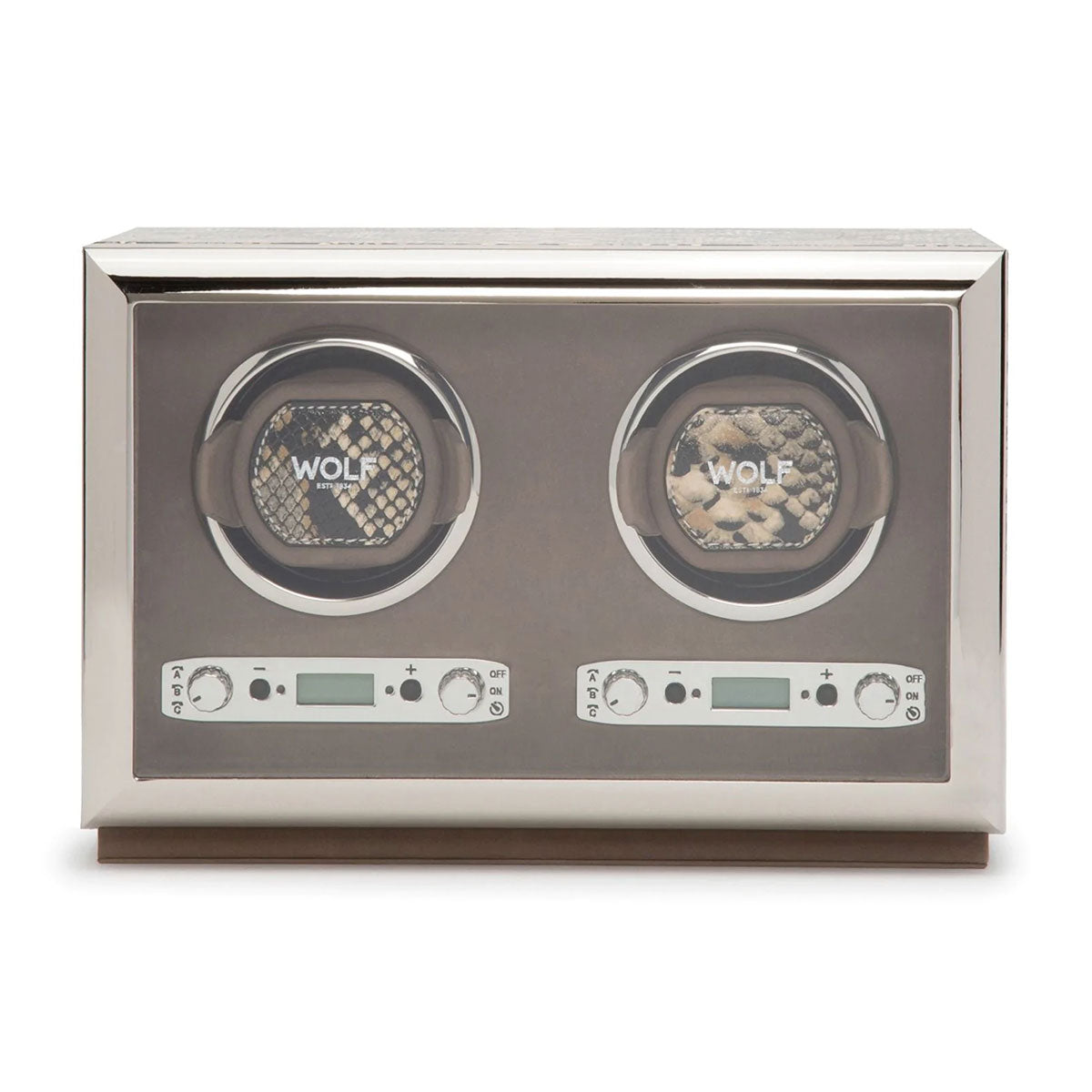 The WOLF 1834 Exotic Double Watch Winder, featuring a reflective silver case, offers two circular spaces for watches. Each winder is adorned in python embossed leather and includes a digital display with control knobs below, showcasing WOLF's patented technology for optimal performance.
