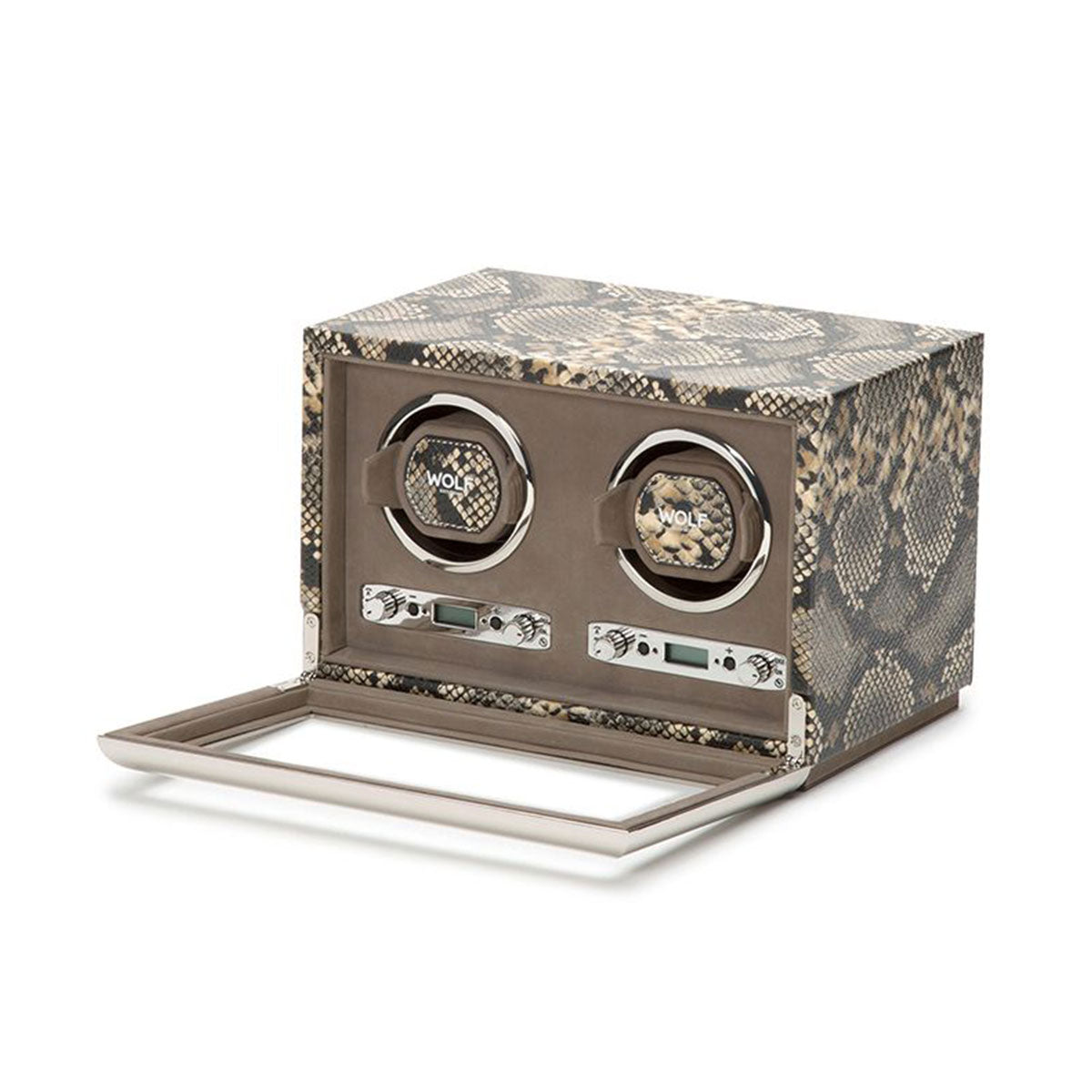 Introducing the WOLF 1834 Exotic Double Watch Winder, a luxury watch winder box crafted with python-embossed leather. This exquisite box features two transparent-covered round spaces for winding watches, utilizing patented technology. Opening the lid reveals the complex interior mechanics and prominently showcases the WOLF logo.