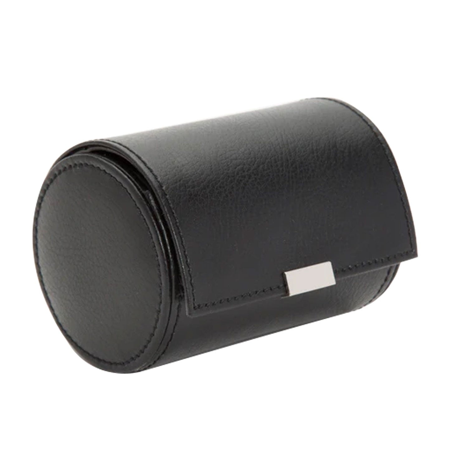 The WOLF 1834 Single Watch Roll is a sophisticated black cylindrical leather case with a snap closure, designed by the renowned brand WOLF to securely and stylishly hold one watch.