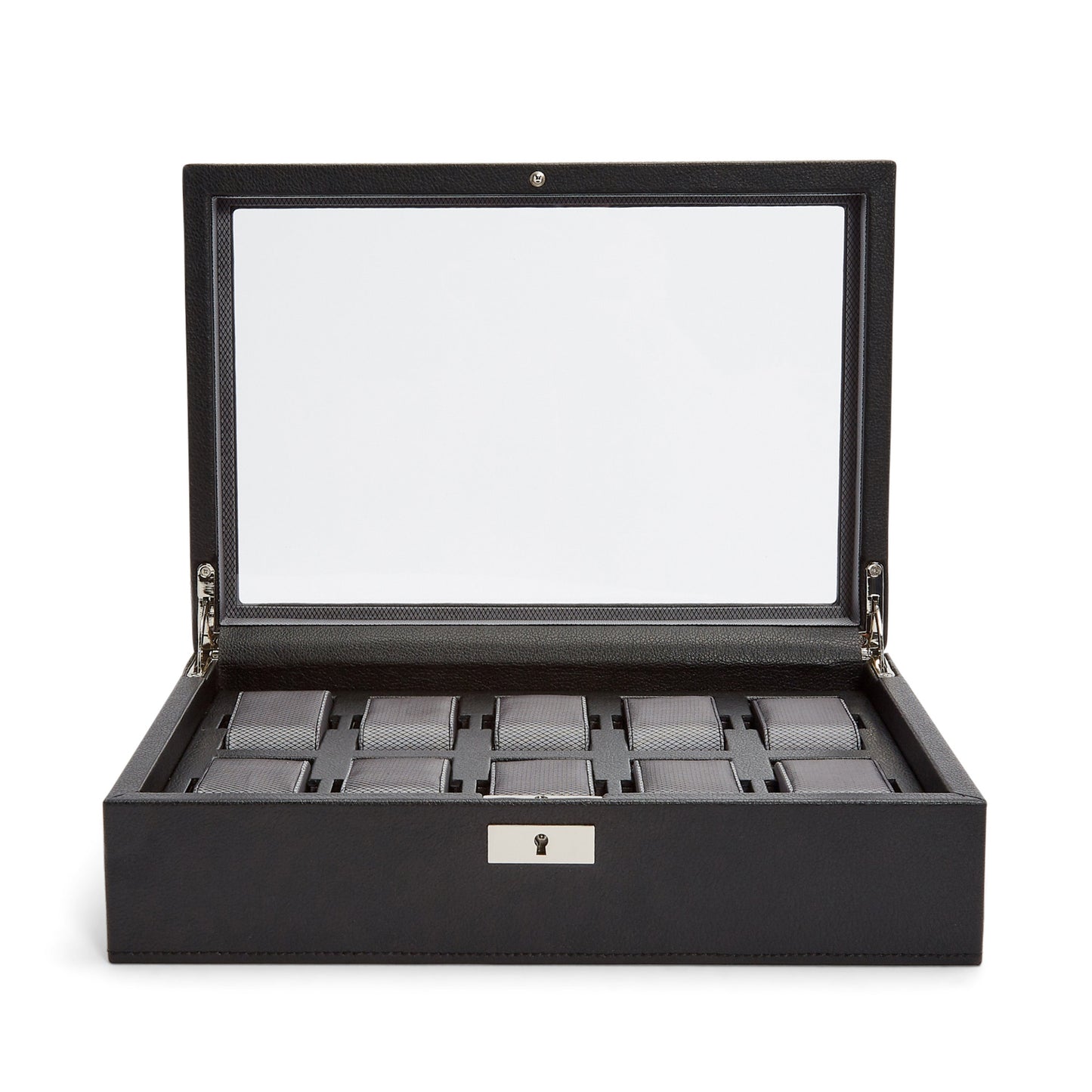 The WOLF 1834 10 Piece Watch Box, made of black vegan leather and featuring a transparent lid, is open to showcase its multiple compartments lined with dark fabric for storing watches.
