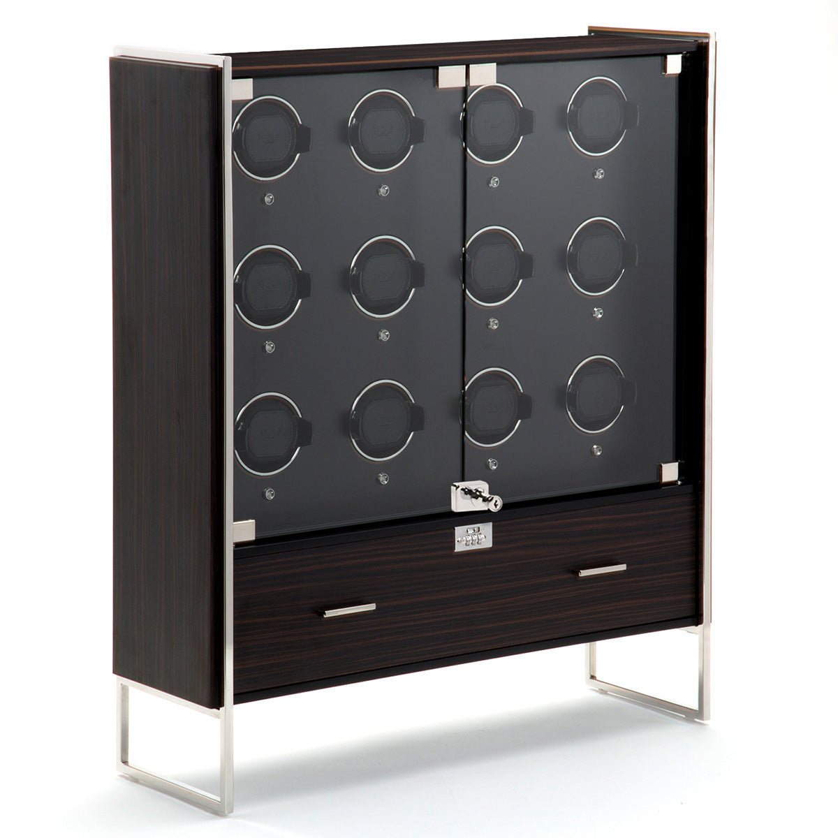 Introducing the WOLF 1834 Regent 12 Piece Cabinet Winder, an elegant luxury watch cabinet designed by WOLF. This cabinet boasts a dark wood finish and features a glass door with compartments for twelve watches. It includes a lower drawer, a lock mechanism for added security, and is supported by contemporary metallic legs. Enhanced with Bluetooth app control, it represents the pinnacle of upscale watch storage solutions.
