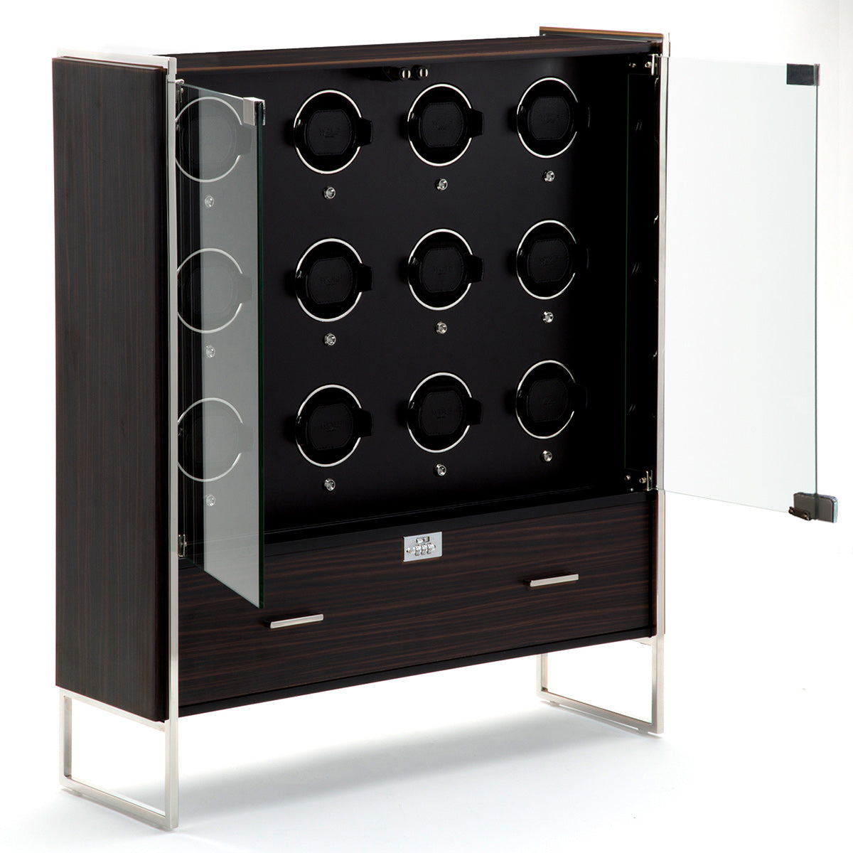 Presenting the WOLF 1834 Regent 12 Piece Cabinet Winder by WOLF, a sophisticated luxury watch storage solution. It boasts a dark wood finish paired with silver accents, and features a transparent glass door along with nine specialized circular slots for watches, as well as a drawer at the bottom. Elegantly standing on metal legs, this cabinet also offers Bluetooth app control for enhanced convenience.
