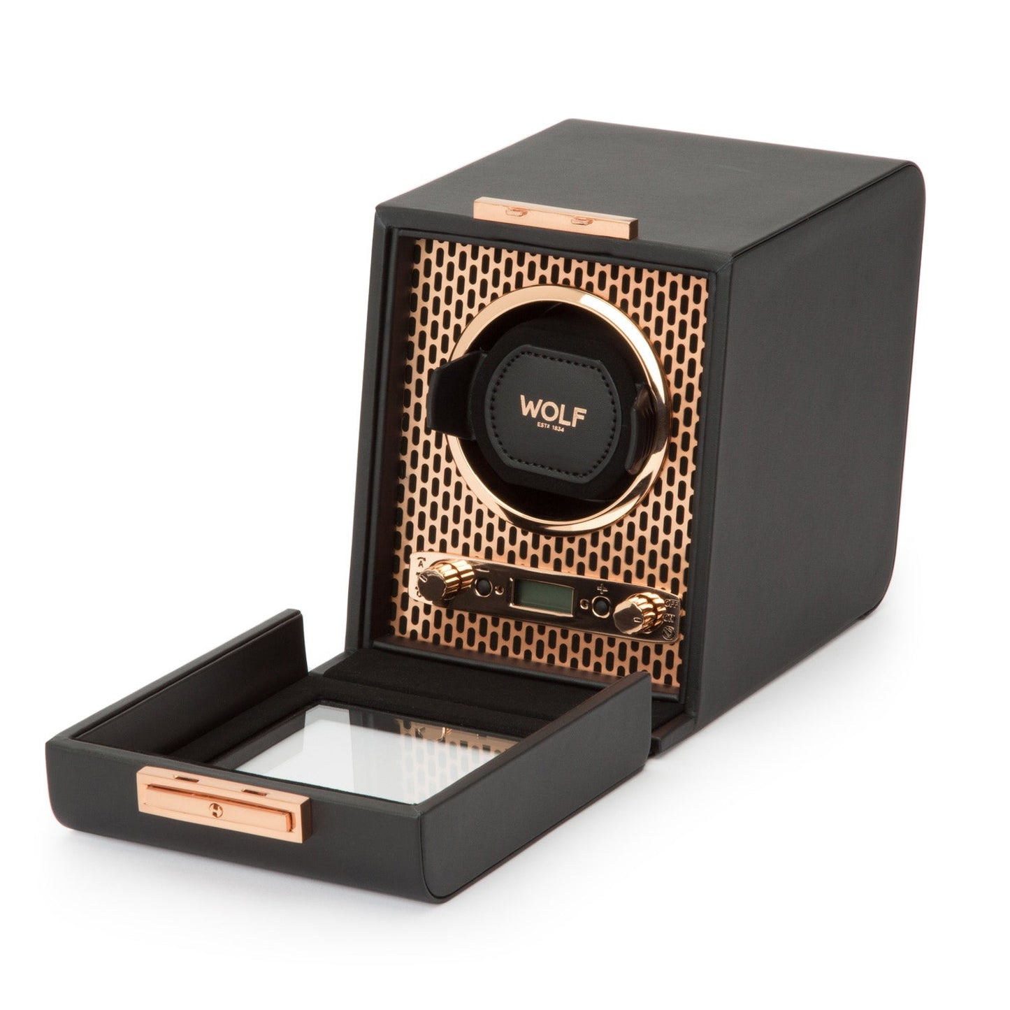 The WOLF 1834 Axis Single Watch Winder, designed in black and gold, features a transparent front that elegantly showcases a circular compartment for holding a watch. This sophisticated winder includes a digital display, buttons located beneath the compartment, and offers multiple rotation options. The sleek design is complemented by an open drawer at the base of the elegant box.
