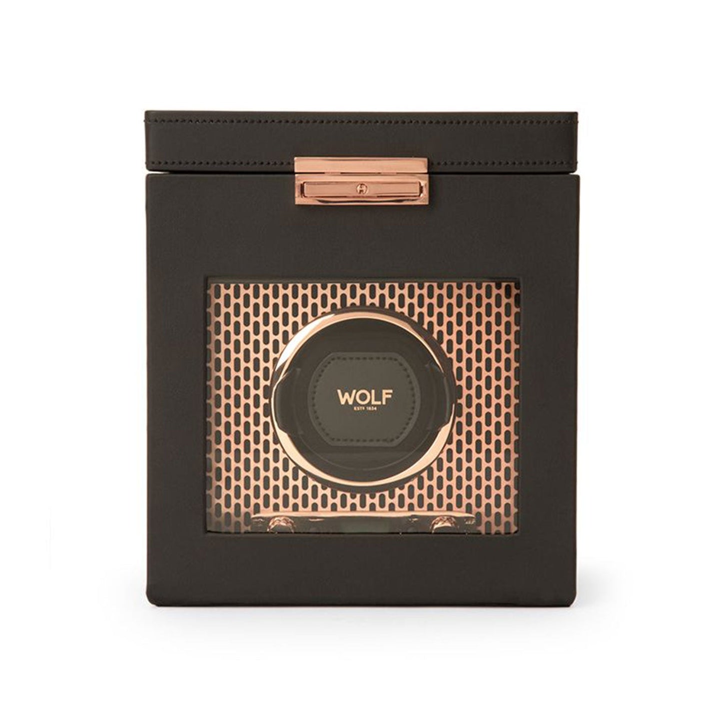 The WOLF 1834 Axis Watch Winder is a sleek black and gold device with a transparent front that proudly displays the "WOLF" brand inside. This elegant timepiece storage solution includes rose gold accents and a grid pattern background, providing various rotation options to ensure your watches remain in perfect condition.