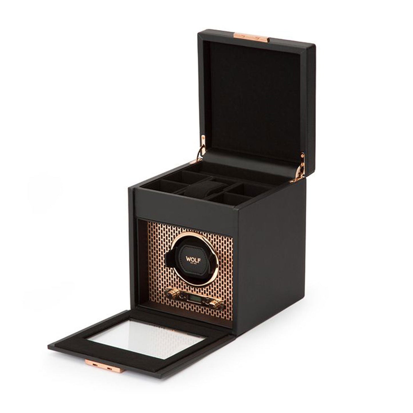 The WOLF 1834 Axis Watch Winder, featuring a black exterior with an open lid and transparent front door, highlights its rotating watch winders. Inside, a gold-tone grille and several compartments provide protection for your timepieces, while the brand name "WOLF" is prominently displayed on the central winding mechanism.