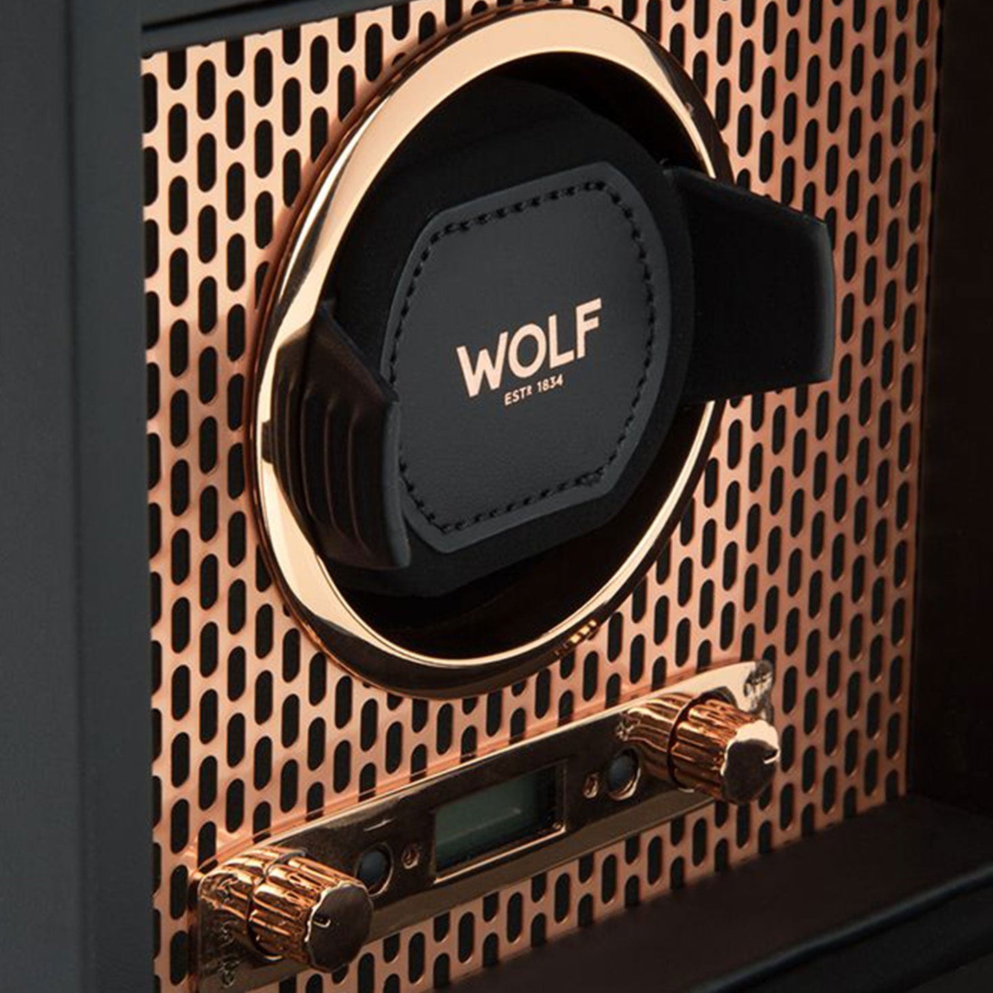 Close-up of the WOLF 1834 Axis Watch Winder featuring a luxurious black interior and a perforated gold panel. This timepiece storage solution includes two control knobs and a display beneath the main section, prominently showcasing the brand's name and established year.
