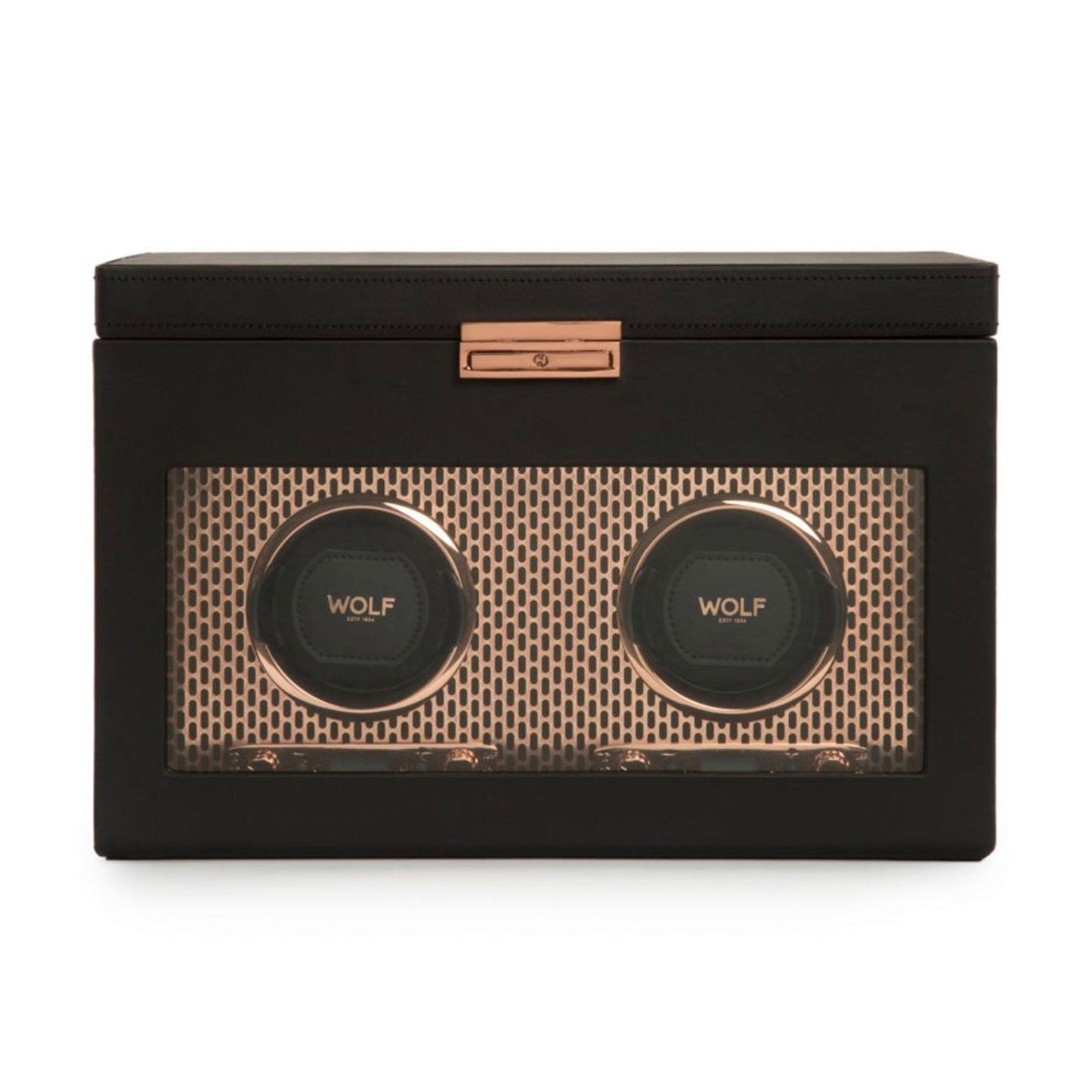 The WOLF 1834 Axis Double Winder With Storage is a black, rectangular watch winder featuring winding modules and a transparent front that highlights two circular compartments labeled "WOLF." The design includes a gold mesh-like patterned background and an elegant metal latch made from copper-plated steel at the top center.