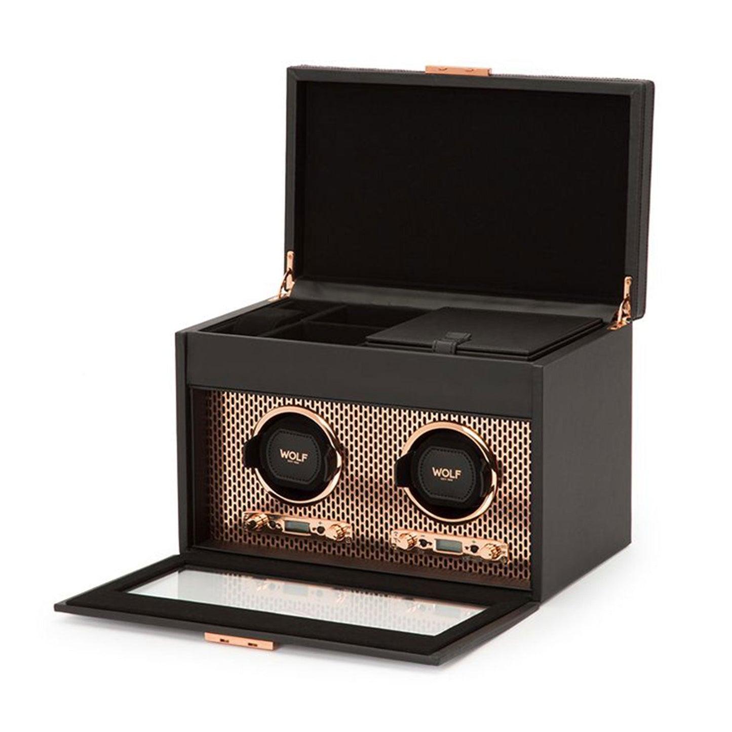 The WOLF 1834 Axis Double Winder With Storage showcases an open lid design, revealing two watch slots and multiple storage compartments. The interior features a mesh pattern with "WOLF" branding on the watch holders. Constructed from copper-plated steel, its sleek and modern exterior perfectly complements the elegant winding modules inside.
