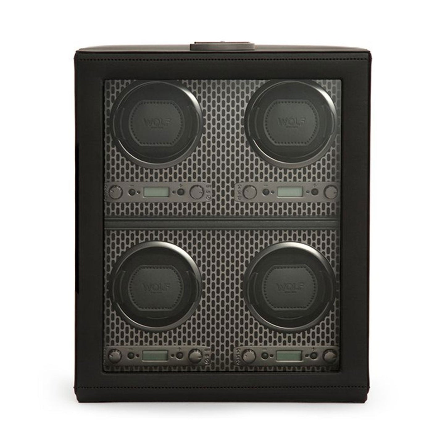 The WOLF 1834 Axis 4 Piece Winder showcases a sleek black design with four circular watch holders featuring a mesh pattern and a digital display underneath. Each holder prominently displays the "WOLF" brand, making it ideal for storing timepieces. With its minimalist lines and various rotation options, it ensures optimal watch maintenance.
