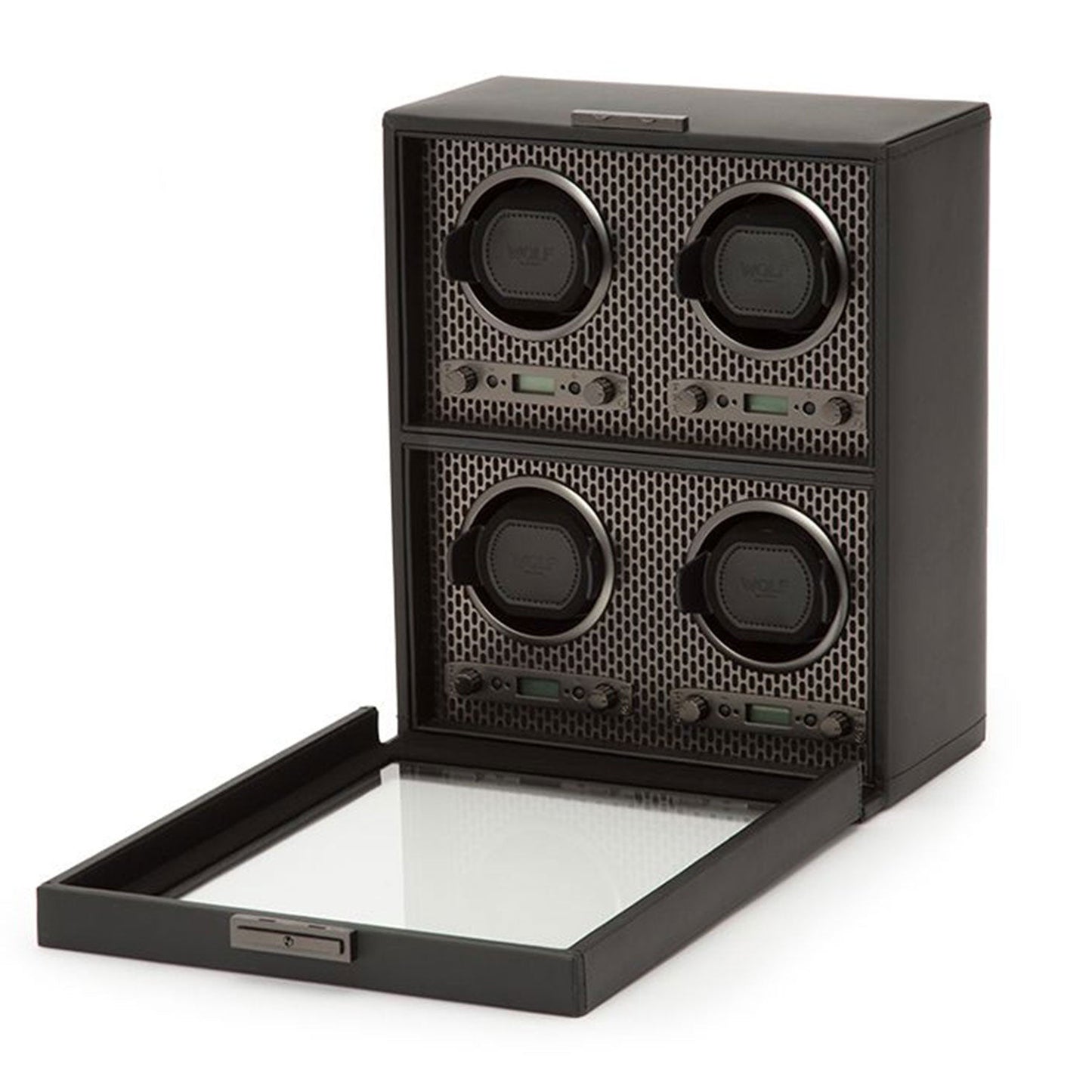 The WOLF 1834 Axis 4 Piece Winder by WOLF is a sophisticated black watch winder with an open door design that showcases four symmetrically aligned holders, ideal for storing timepieces. Its interior features a mesh pattern, enhancing elegance while providing rotation options to maintain your watches in perfect condition.
