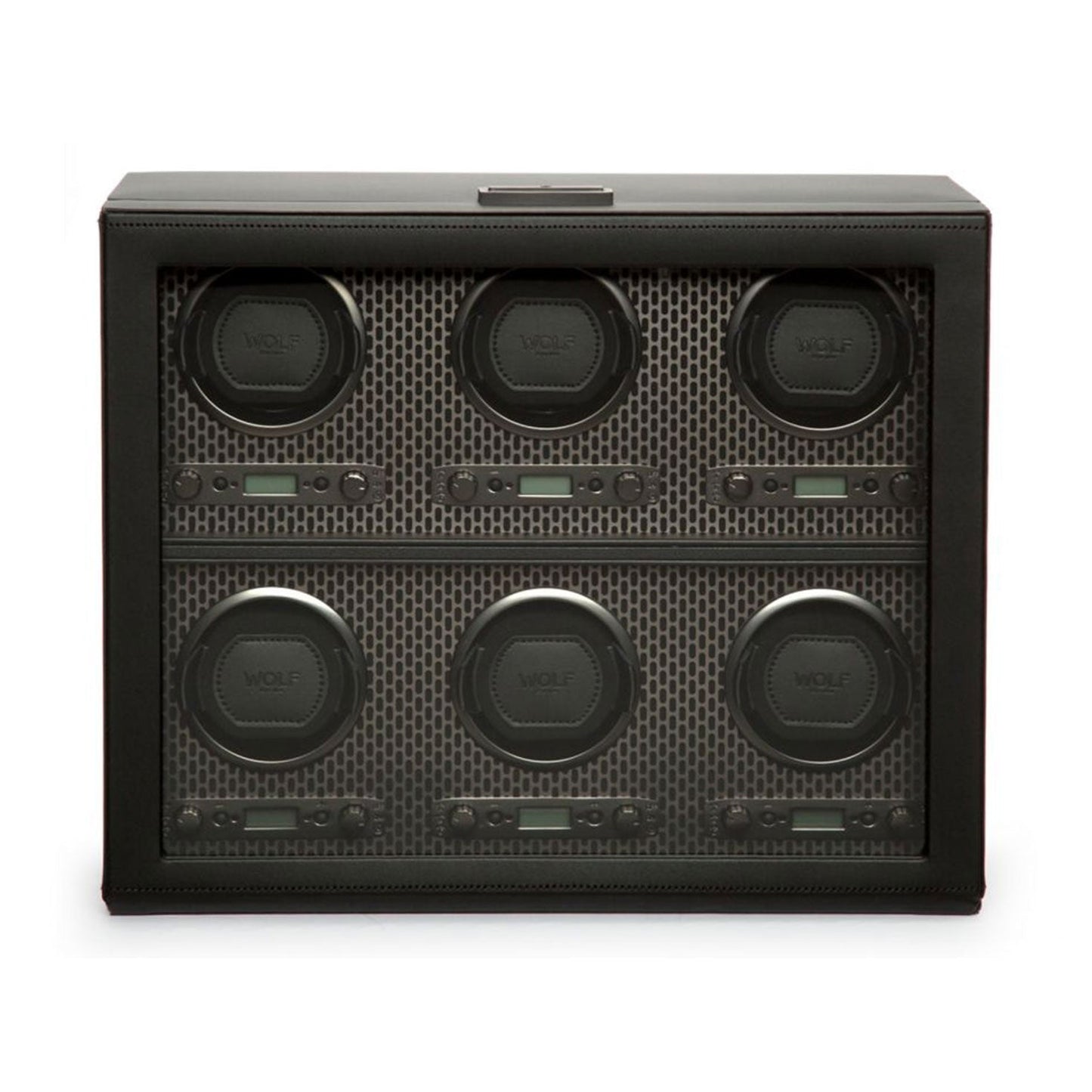 The WOLF 1834 Axis Watch Winder, by the renowned brand WOLF, is a black watch winder featuring a transparent front panel that reveals six compartments. Each compartment includes a round slot adorned with the "WOLF" logo. Its interior features patented technology and a geometric pattern in gray tones, reflecting modern luxury design.