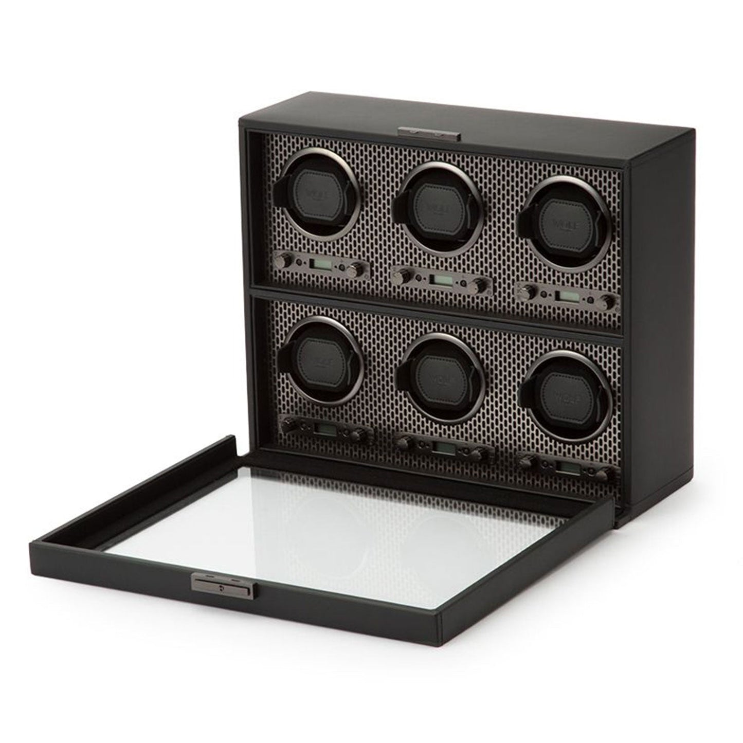 Introducing the WOLF 1834 Axis Watch Winder by WOLF, a stylish timepiece storage solution. Featuring six compartments, this sleek black watch box has a glass lid that highlights its modern luxury design. Inside, you'll find a textured backdrop with individual watch holders in each section. Keep your watches elegantly displayed in this open case that's perfect for organizing your collection.