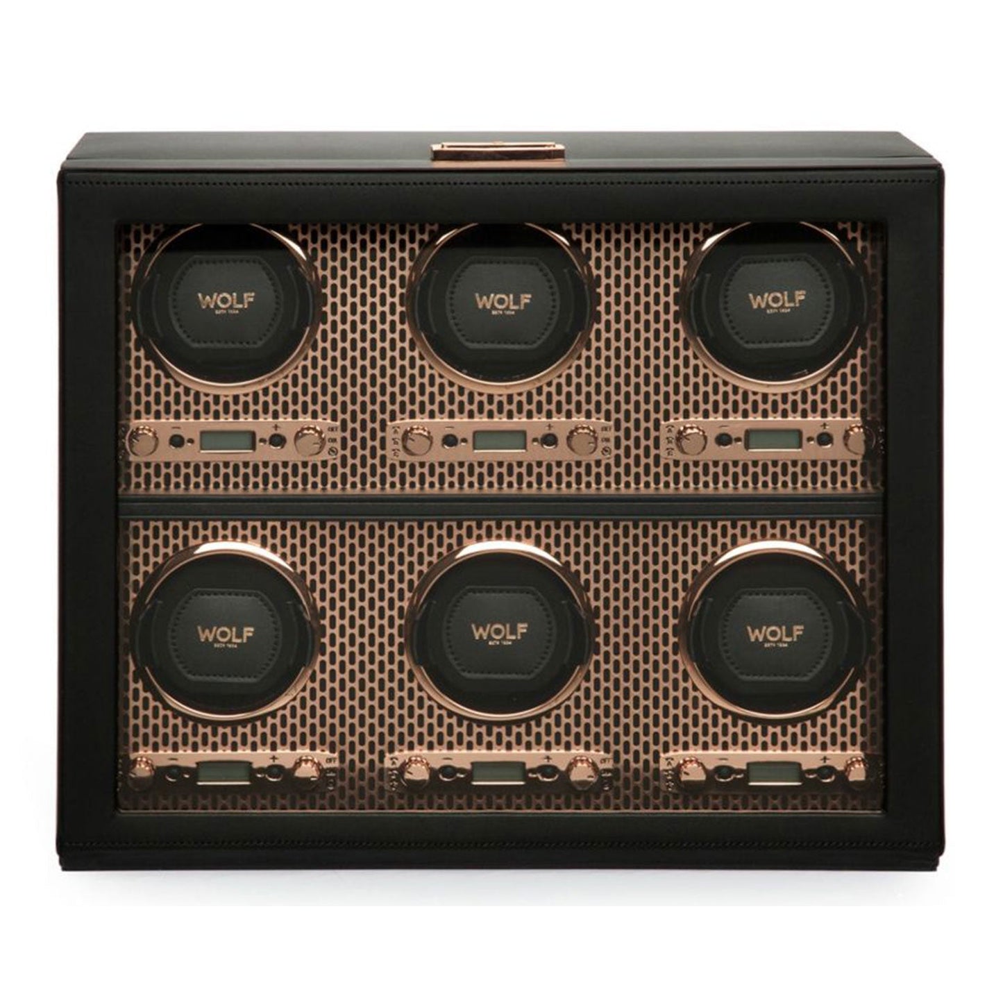 The WOLF 1834 Axis 6 Piece Winder, by WOLF, boasts a luxurious design with a black and copper finish, featuring six compartments arranged in two rows of three, each elegantly designed to hold a single timepiece.