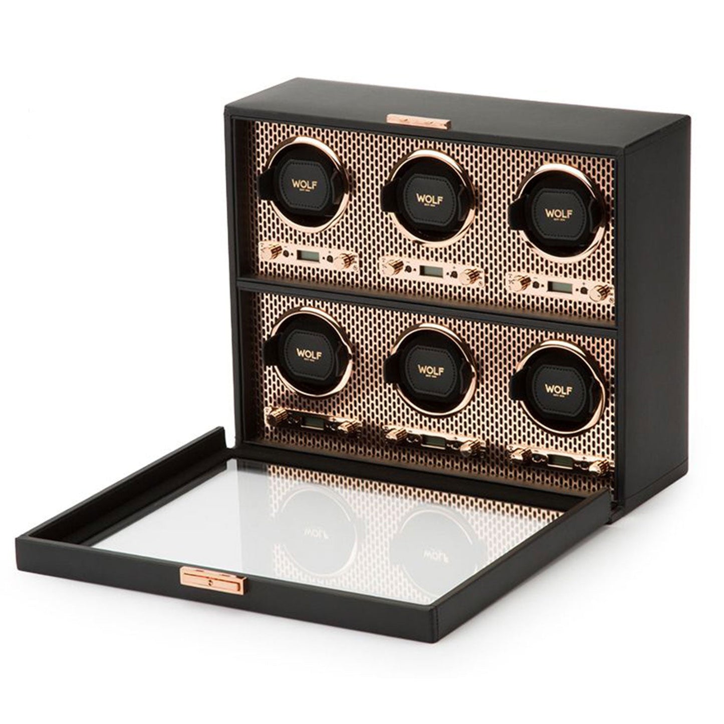The WOLF 1834 Axis 6 Piece Winder by WOLF showcases a luxury design in its black watch winder box, complete with a glass door. It features six individual compartments lined with an elegant patterned background. Each circular holder is prominently labeled "WOLF," adding an exquisite touch to any collection when displayed within the open box.