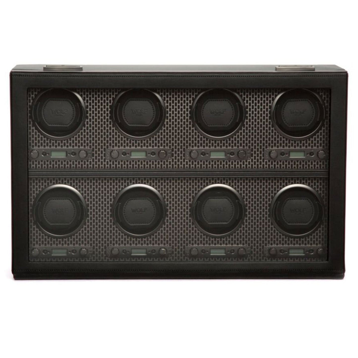 The WOLF 1834 Axis 8 Piece Winder by WOLF features a sleek black case with a grid-patterned front, housing eight circular slots arranged in two rows. Each slot is equipped with patented technology to ensure your automatic watches remain powered and ready for wear.