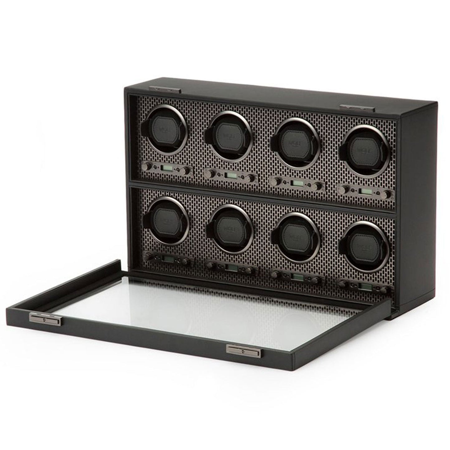 The WOLF 1834 Axis 8 Piece Winder, from the renowned brand WOLF, includes a black box with a transparent lid that opens to reveal eight circular compartments arranged in two rows. With patented technology, these textured compartments are ideal for storing small accessories or cherished items, keeping them securely organized.