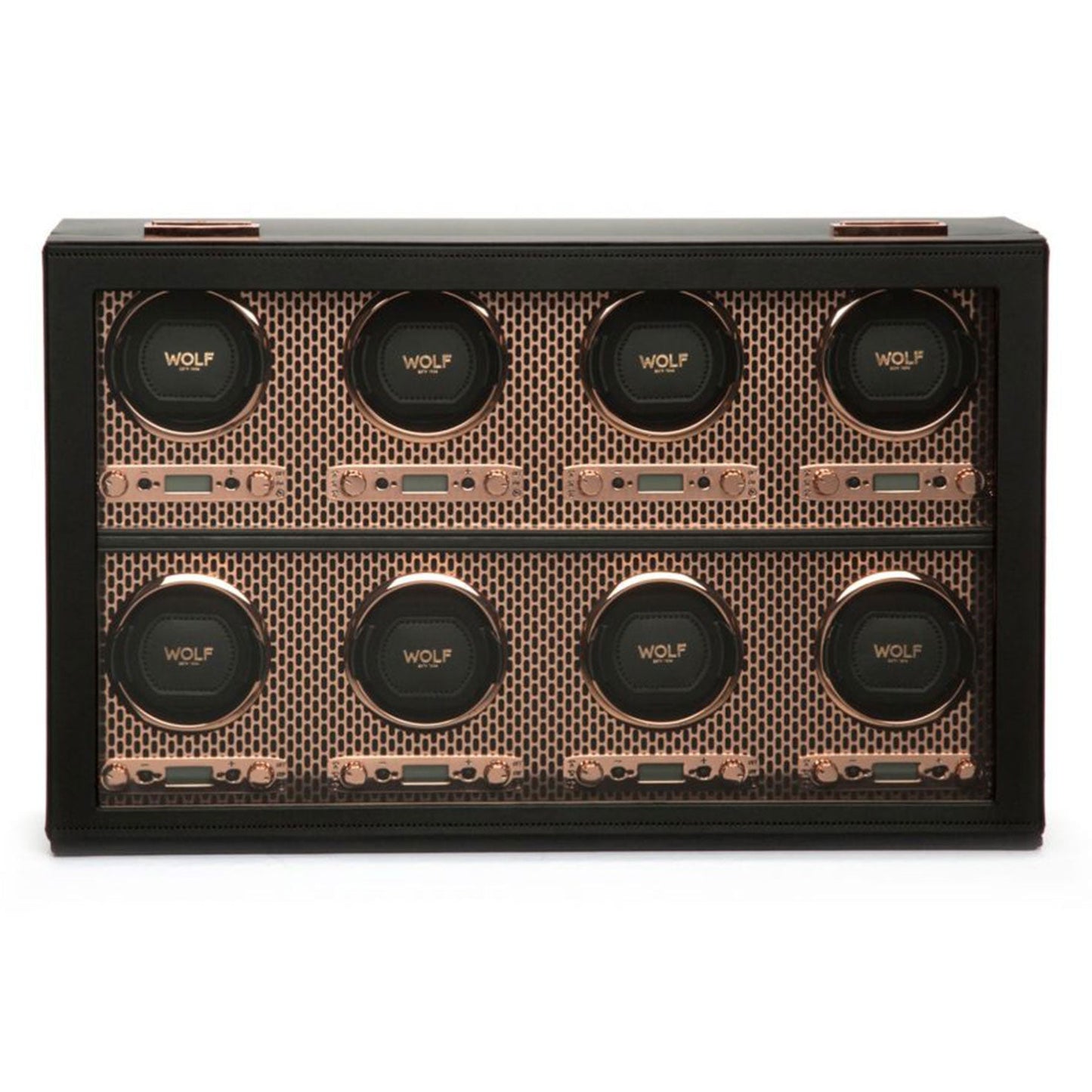 Presenting the WOLF 1834 Axis 8 Piece Winder by WOLF, a luxury display that offers eight watch slots. Each slot is equipped with a circular winder and surrounded by an elegant mesh design accented with black and metallic tones, showcasing patented technology for an exquisite appearance.