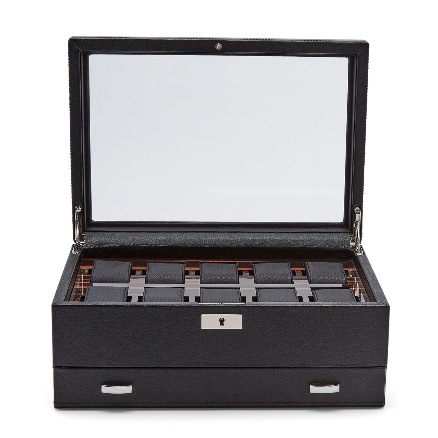 The WOLF 1834 Roadster 10 Piece Watch Box with Drawer, an elegant rectangular watch box in black with a glass lid, is open to reveal multiple compartments for sophisticated watch storage. It is crafted from vegan leather and includes lock and key security as well as a bottom drawer adorned with silver handles. The interior is lined with patterned fabric for an extra touch of refinement.