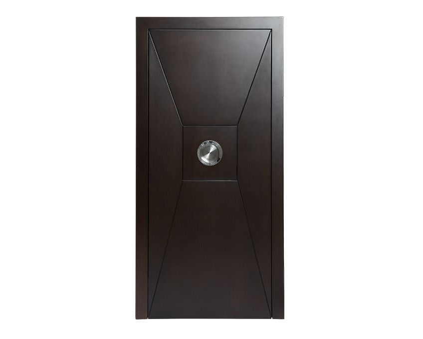 A luxurious safe, the WOLF 1834 Churchill 24 Piece Winder Safe, is expertly crafted from mahogany wood and designed to resemble a dark wooden door adorned with geometric patterns and a central circular metal handle. Its elegant design features diagonal lines that converge at the handle, making it stand out beautifully against a white background.