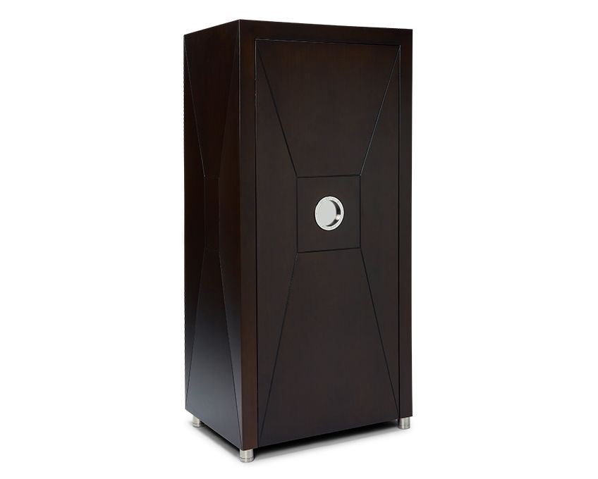 Introducing the WOLF 1834 Churchill 24 Piece Winder Safe by WOLF: a tall cabinet crafted from mahogany wood, showcasing a sleek and modern design. This cabinet features a square shape with minimalistic details and a small circular metal accent at its center. It stands elegantly on silver-toned feet and provides Bluetooth user-controlled app integration for enhanced convenience.