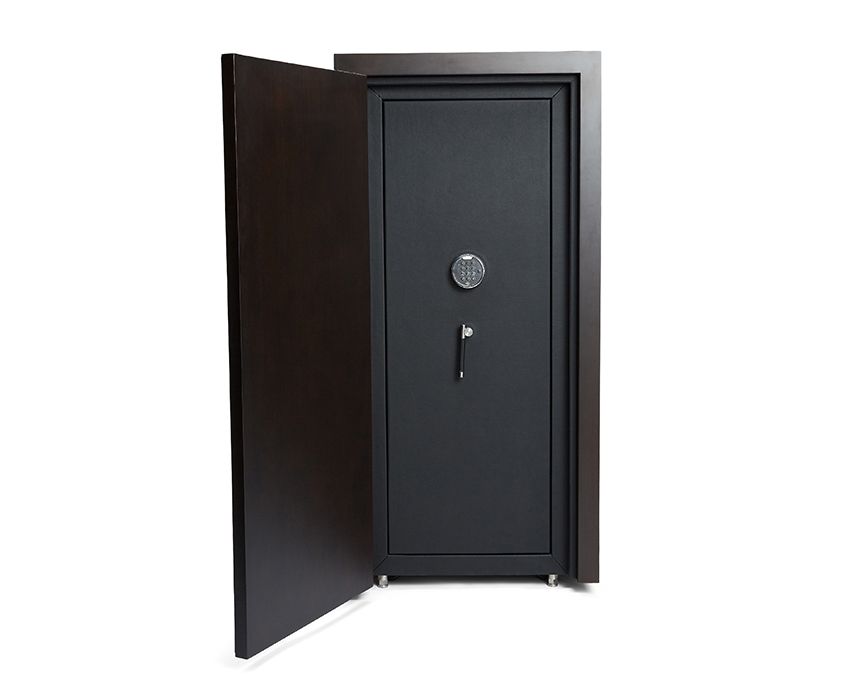 The WOLF 1834 Churchill 24 Piece Winder Safe boasts a large, open design with a sleek, luxurious black finish. It features a round combination lock and a long handle on the door, exuding both modernity and security. Equipped with small wheels for easy mobility, this safe is further enhanced by Bluetooth user-controlled app capabilities for a seamless security experience.