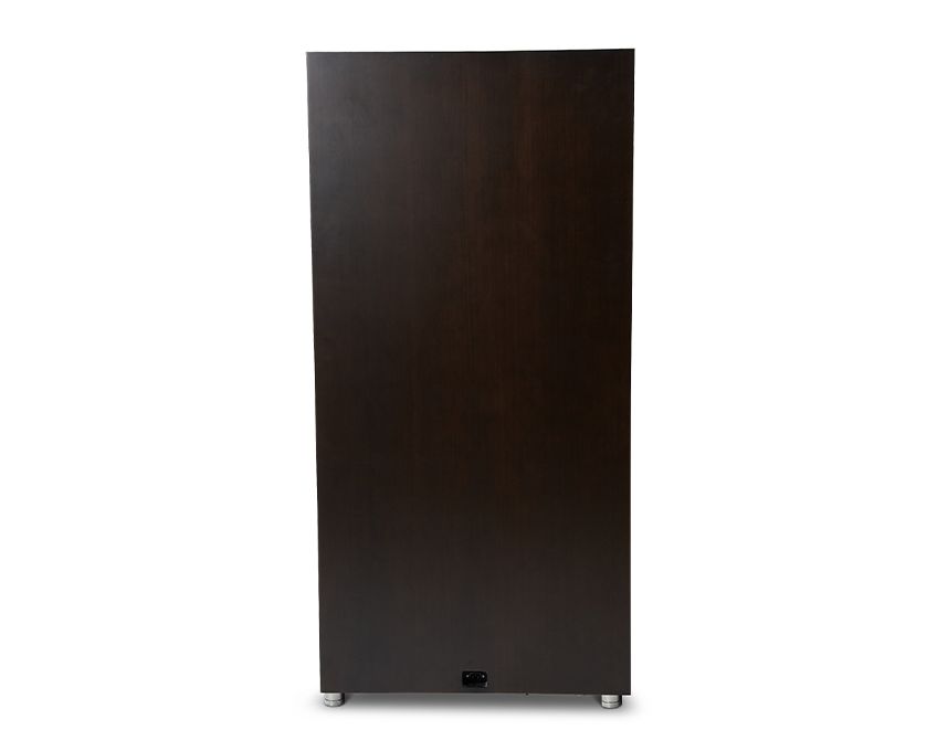 A sophisticated WOLF 1834 Churchill 24 Piece Winder Safe, elegantly crafted with a rich dark mahogany finish, is viewed from the rear. It features a seamless design devoid of handles or prominent characteristics, except for a discreet outlet positioned near the base and sleek metal legs adorning each corner.