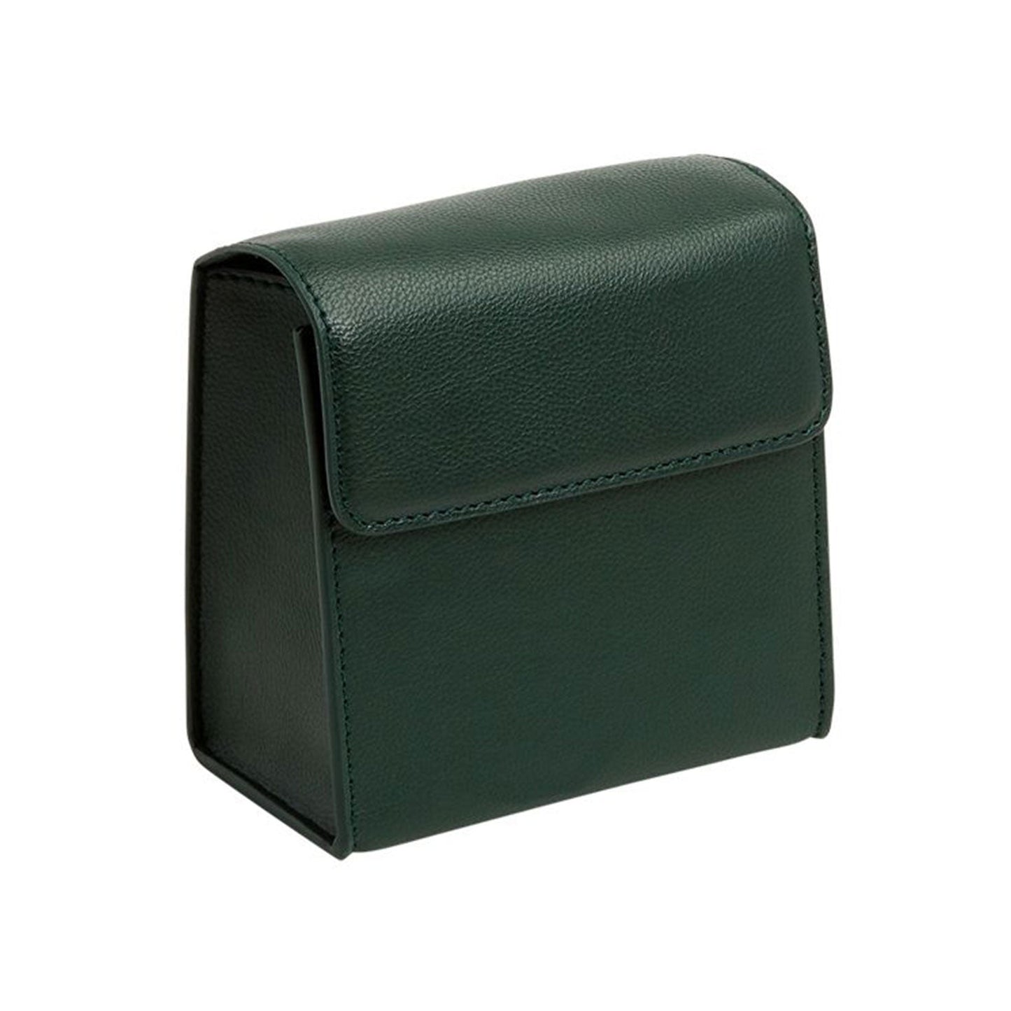 A WOLF 1834 British Racing Single Travel Watch Stand designed with vegan leather in a dark green shade, showcasing a simple and boxy aesthetic, is featured against a plain white background.