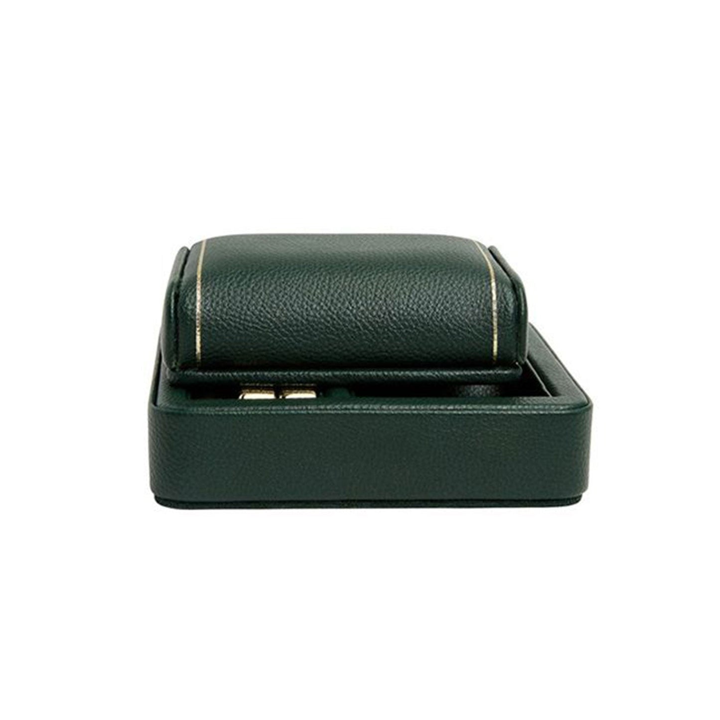 A closed WOLF 1834 British Racing Single Travel Watch Stand in green vegan leather, featuring gold accents, a textured surface, and a rectangular shape. Positioned on a plain white background, it showcases elegance without compromising ethics.
