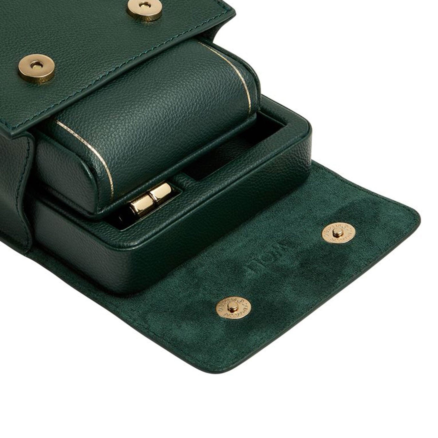WOLF's British Racing Single Travel Watch Stand combines style and sustainability with its green vegan leather finish accented by gold details. The stand features an elegant open design with secure button closures, complemented by a removable cylindrical pouch adorned with gold zipper detailing inside. Its interior architecture emphasizes the stand's structured aesthetic, making it perfect for those who appreciate both fashion and eco-friendliness.