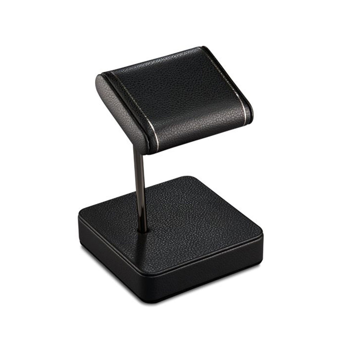 Introducing the WOLF 1834 British Racing Single Static Watch Stand by WOLF, featuring a black finish with a sturdy base and cushioned top, expertly crafted from vegan leather to display and hold your watch upright.