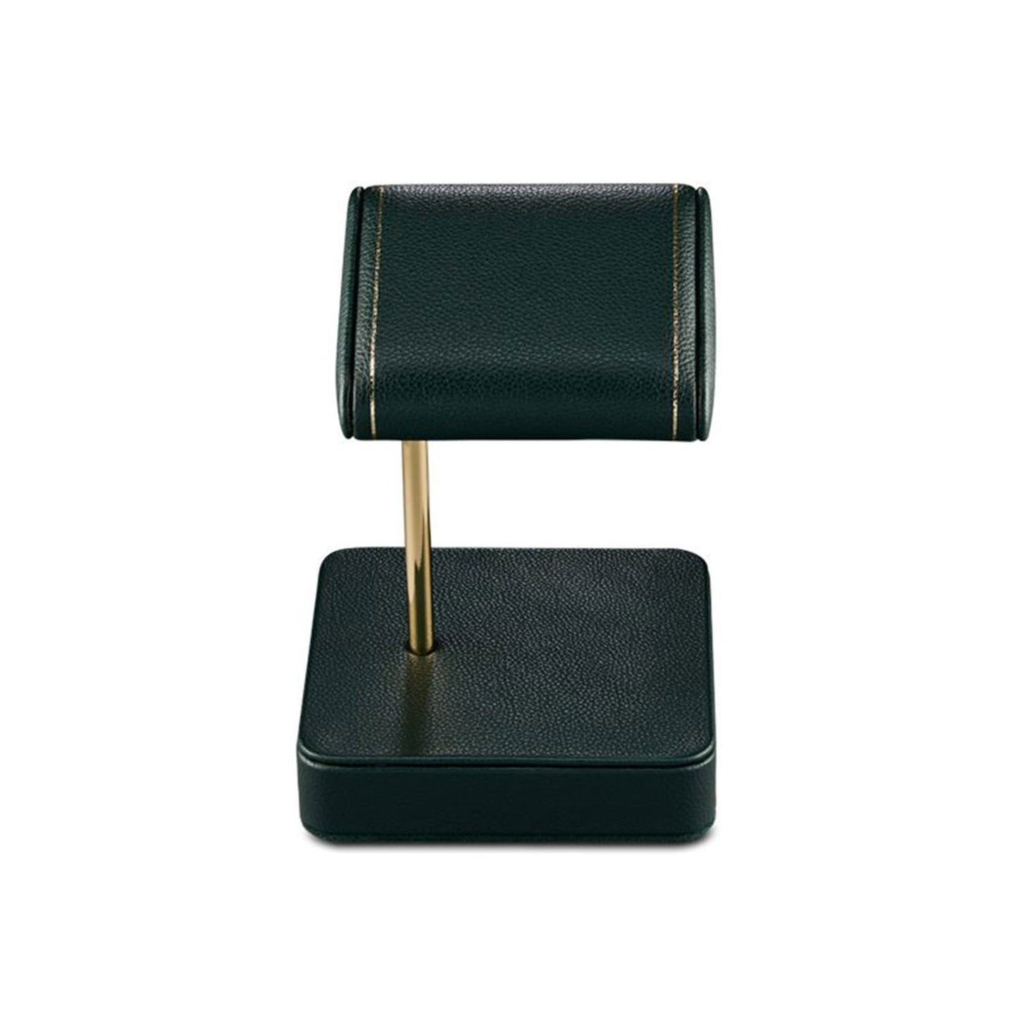 The WOLF 1834 British Racing Single Static Watch Stand is a stylish piece featuring British Racing green vegan leather, a gold metal support, and a square base, perfect for showcasing one watch.