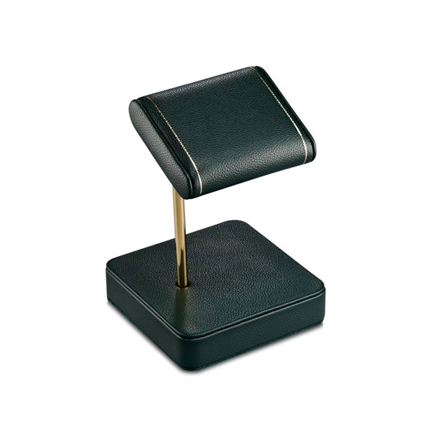 The WOLF 1834 British Racing Single Static Watch Stand by WOLF showcases a black vegan leather design with a gold vertical support and an angled display pad on top, all resting on a square base.