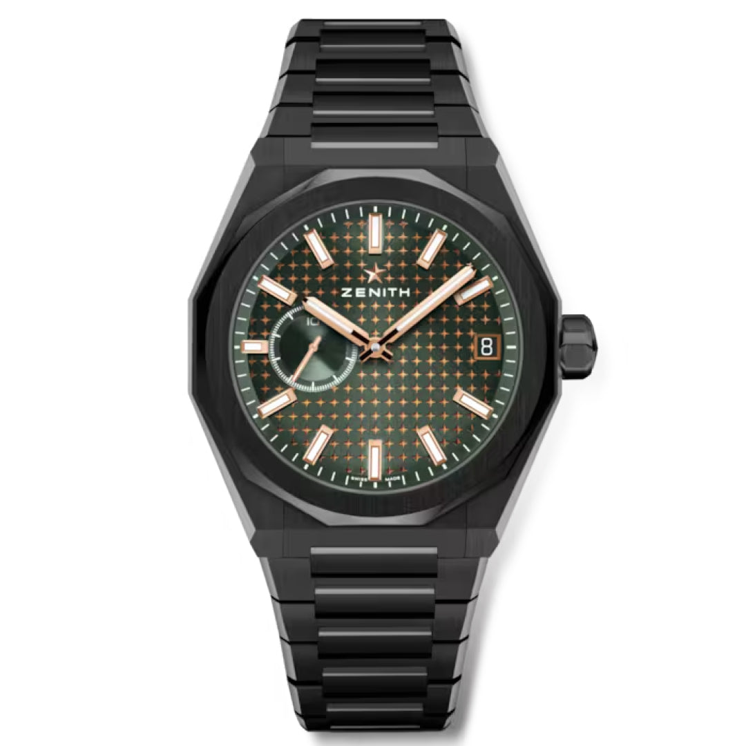 The Zenith Defy Skyline Americas Limited Edition El Primero 3620 is a modern 41mm wristwatch with a dark green patterned dial, rose gold hour markers, date window at 3 o'clock, and a small seconds sub-dial. It features an angular ceramic case and a black metal link band for sleek sophistication.