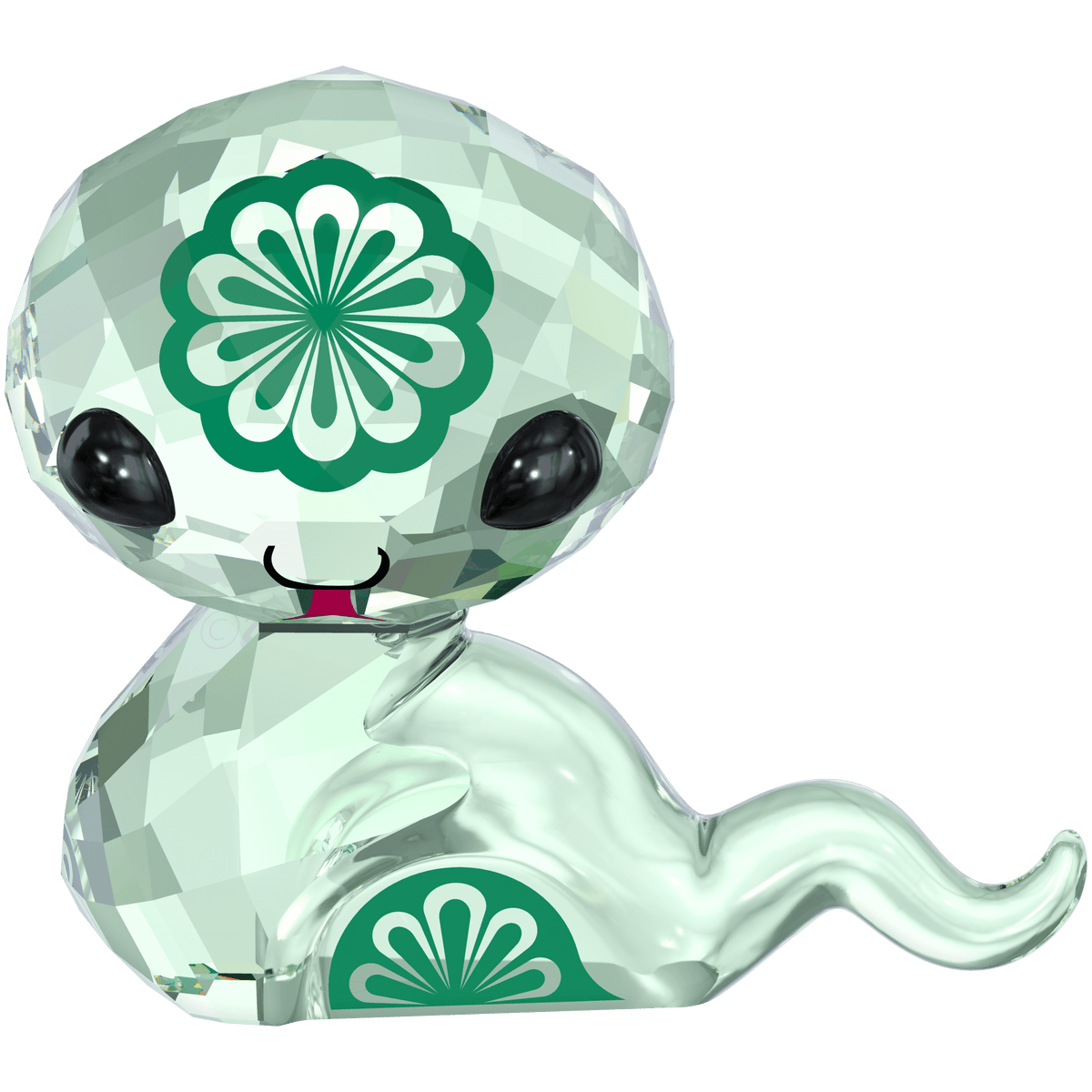 A crystal figurine shaped like a charming snake with a large, round head, big black eyes, a small pink tongue, and green floral patterns on its forehead and body—this delightful piece brings the playful charm of Swarovski Zodiac collectibles to your home. Available as “Swarovski Zodiac - Hebi the Snake” through Swarovski Canada.