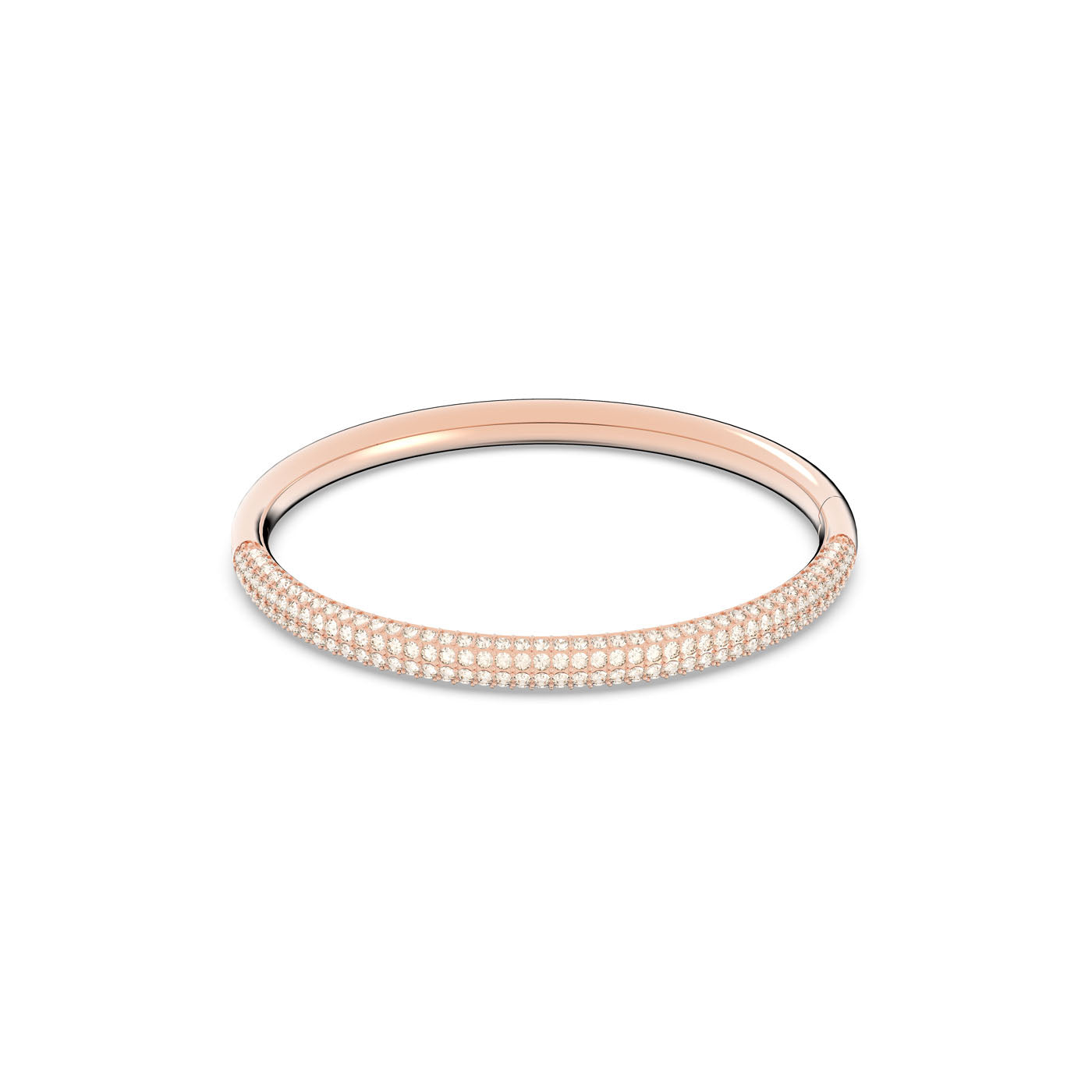 Showcased on a white background, the Swarovski Rose Gold Plated Stainless Steel Stone Bangle features sleek, elegant curves and is adorned with small, shimmering stones across its surface. Crafted by Swarovski, this refined bracelet boasts a sophisticated rose gold finish.